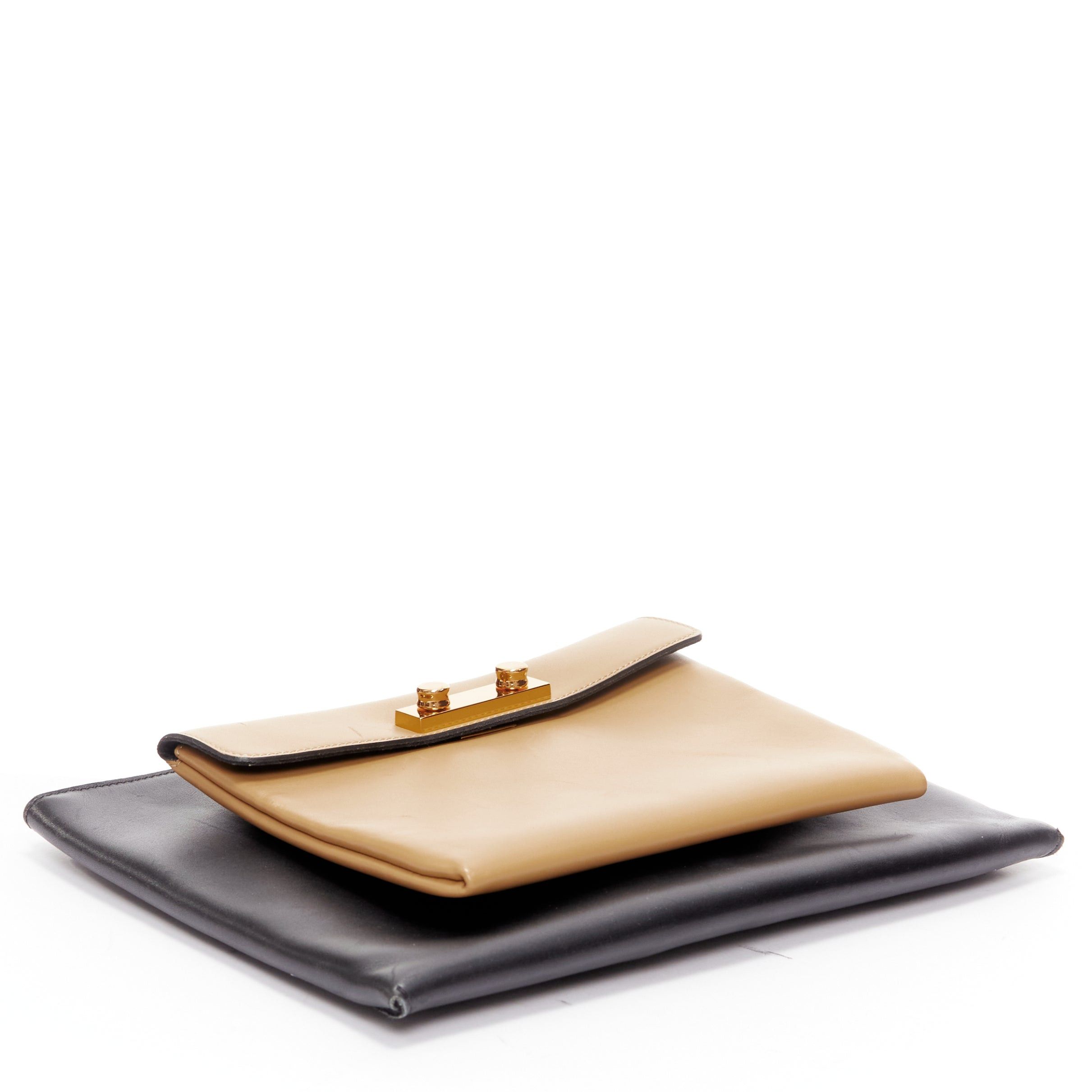 Marni MARNI beige black smooth leather gold stud buckle dual oversized zip clutch bag Size ONE SIZE - 5 Thumbnail