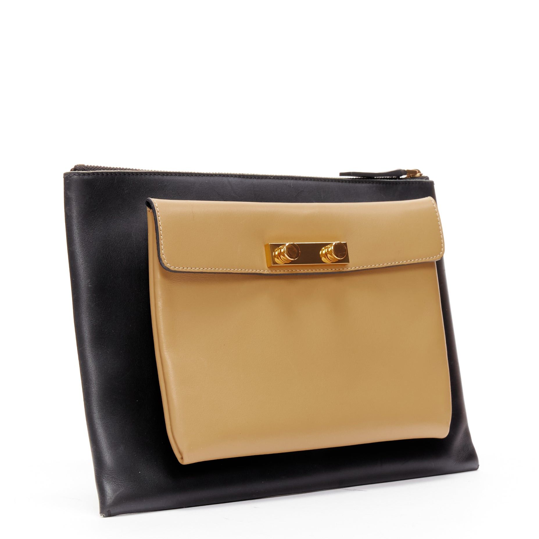 Marni MARNI beige black smooth leather gold stud buckle dual oversized zip clutch bag Size ONE SIZE - 3 Thumbnail