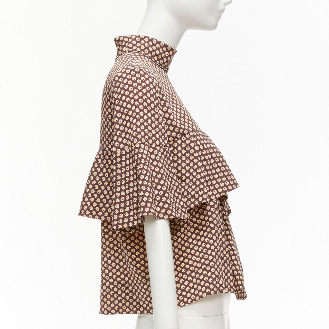 Marni MARNI brown yellow floral asymmetric ruffle drapes hi neck top IT38 XS Size XS / US 0-2 / IT 36-38 - 4 Thumbnail