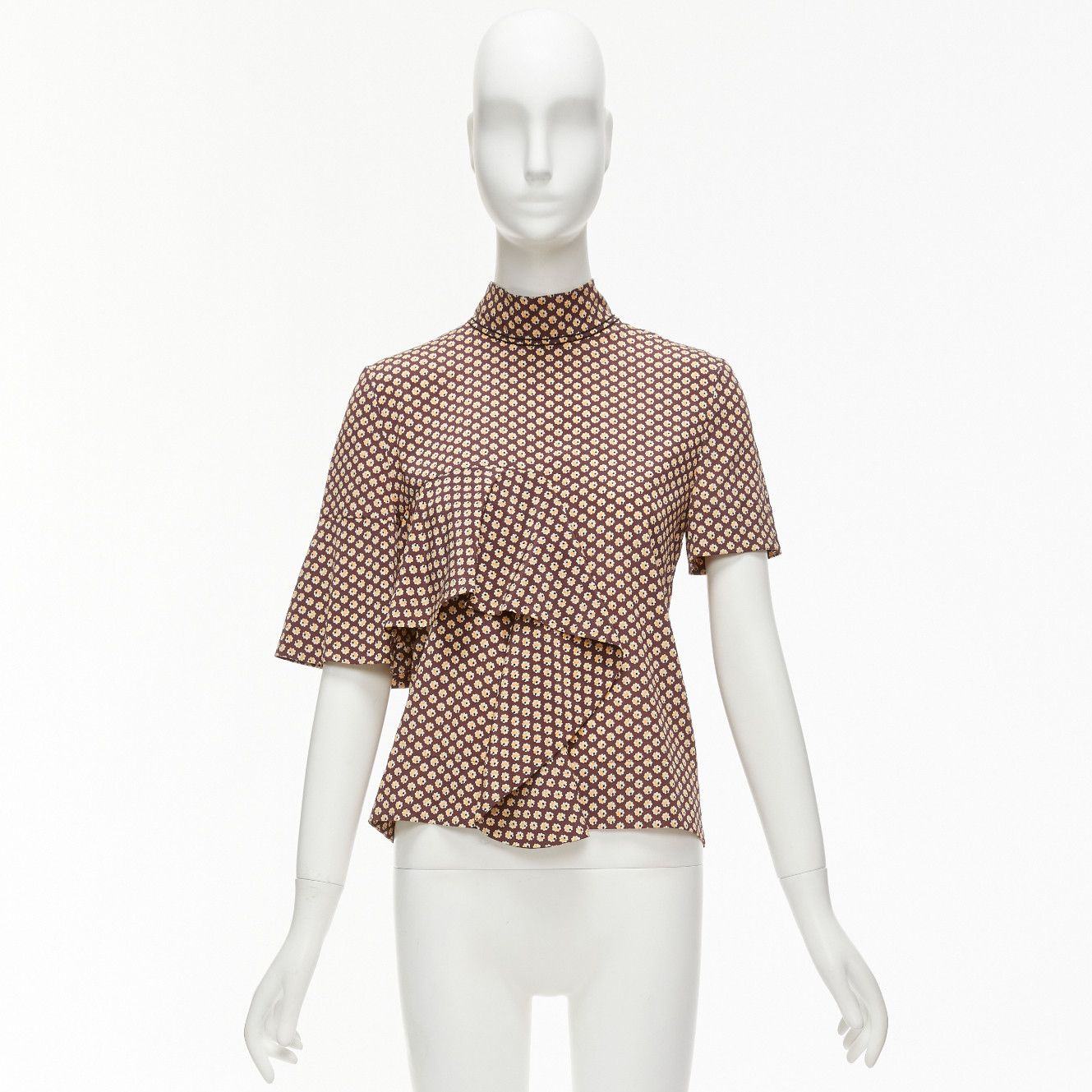 Marni MARNI brown yellow floral asymmetric ruffle drapes hi neck top IT38 XS Size XS / US 0-2 / IT 36-38 - 9 Thumbnail