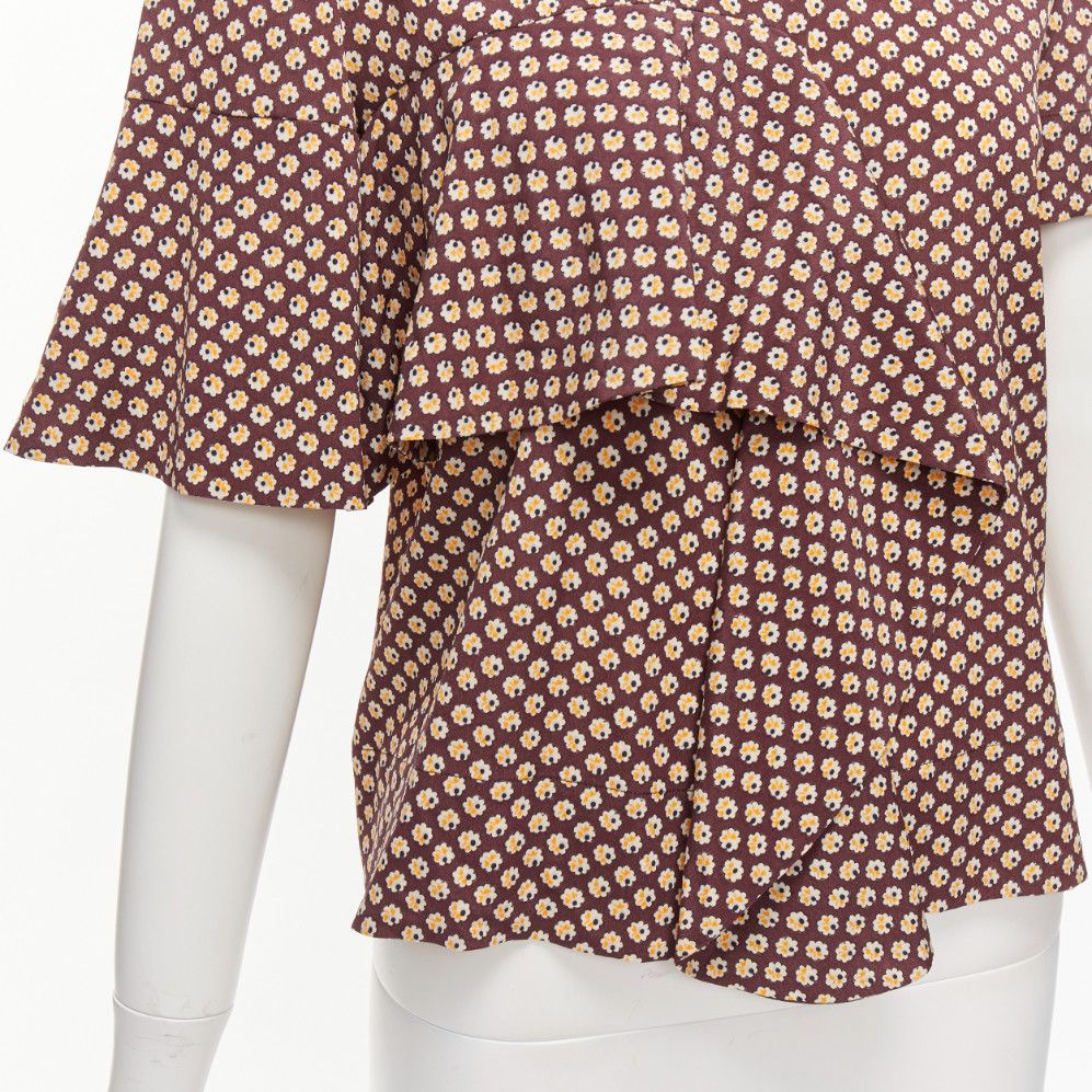 Marni MARNI brown yellow floral asymmetric ruffle drapes hi neck top IT38 XS Size XS / US 0-2 / IT 36-38 - 2 Thumbnail