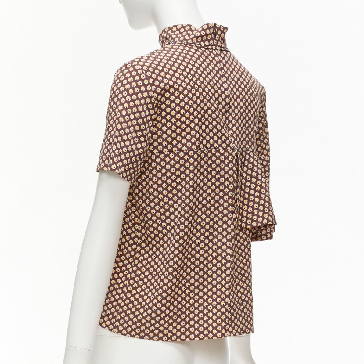 Marni MARNI brown yellow floral asymmetric ruffle drapes hi neck top IT38 XS Size XS / US 0-2 / IT 36-38 - 6 Thumbnail