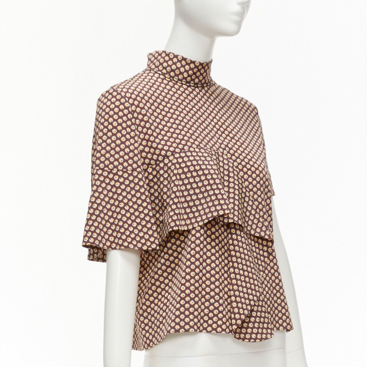 Marni MARNI brown yellow floral asymmetric ruffle drapes hi neck top IT38 XS Size XS / US 0-2 / IT 36-38 - 3 Thumbnail