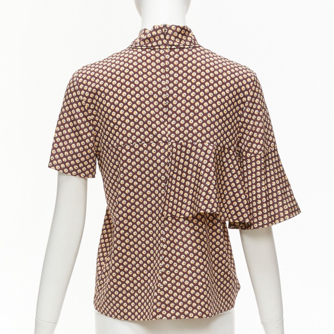 Marni MARNI brown yellow floral asymmetric ruffle drapes hi neck top IT38 XS Size XS / US 0-2 / IT 36-38 - 5 Thumbnail