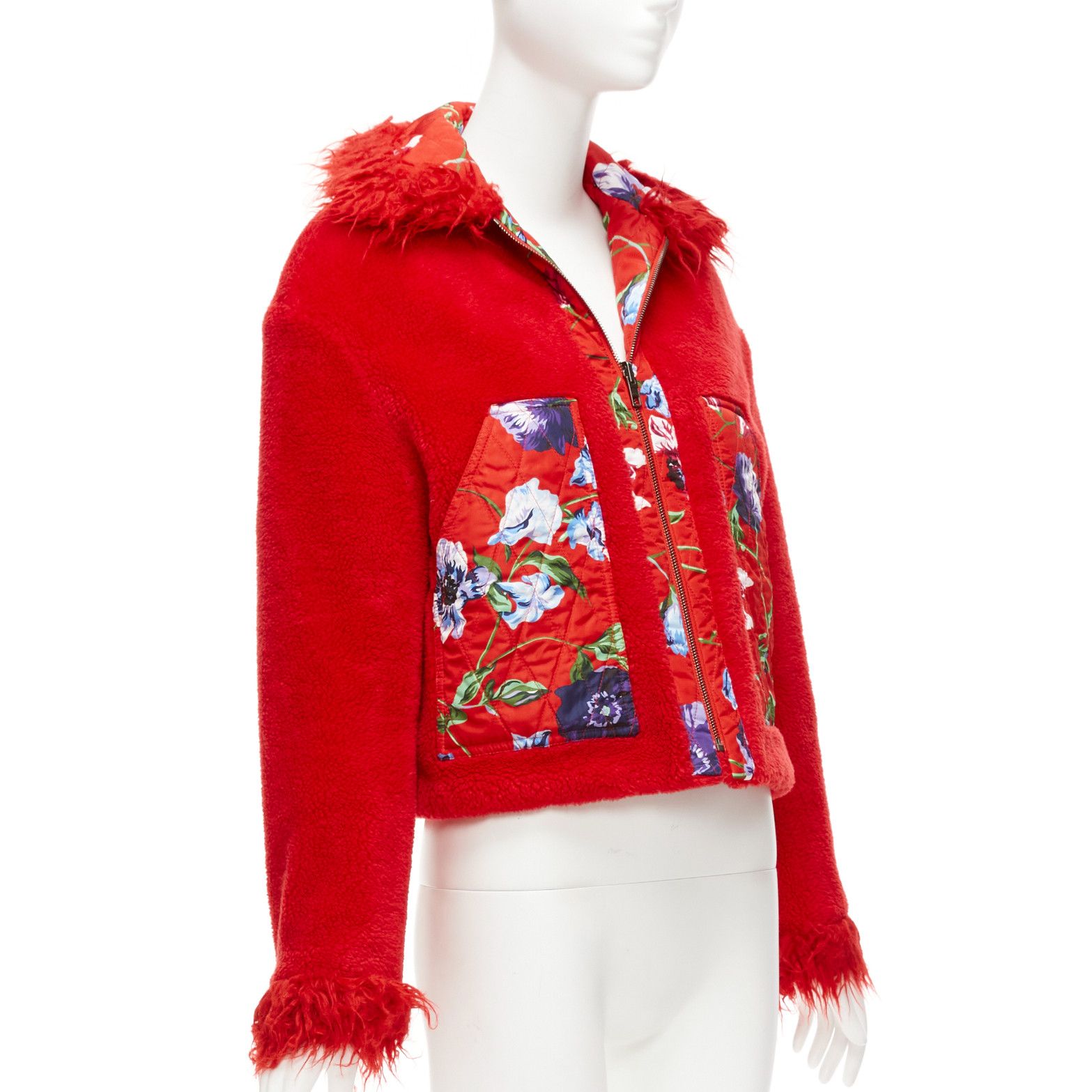 Kenzo KENZO Memento reversible red purple flower print faux fur crop jacket FR34 XS Size XS / US 0-2 / IT 36-38 - 10 Thumbnail