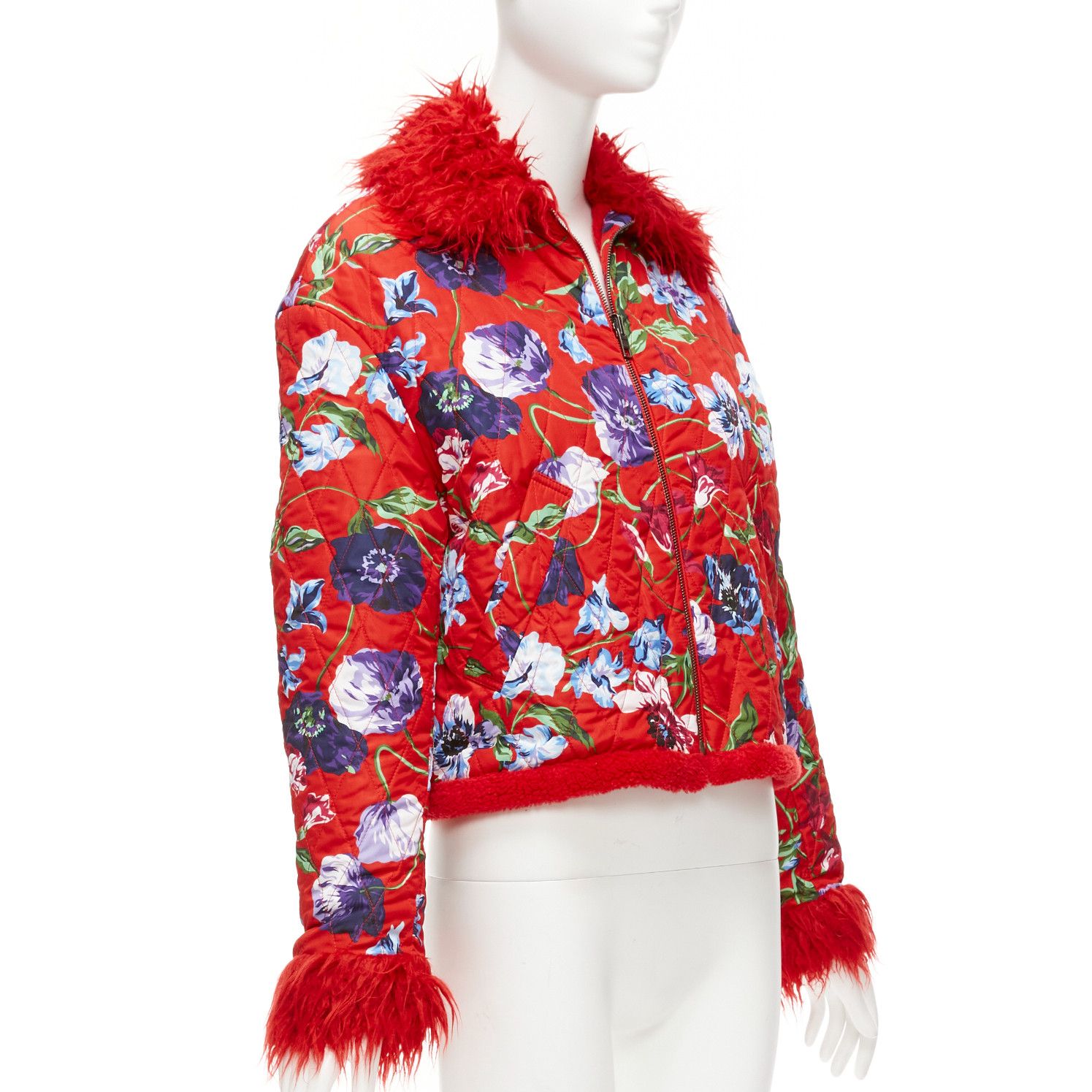 Kenzo KENZO Memento reversible red purple flower print faux fur crop jacket FR34 XS Size XS / US 0-2 / IT 36-38 - 4 Thumbnail