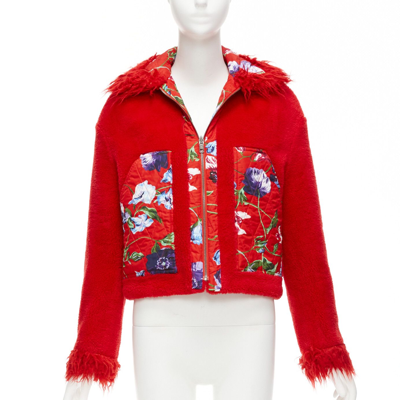 Kenzo KENZO Memento reversible red purple flower print faux fur crop jacket FR34 XS Size XS / US 0-2 / IT 36-38 - 9 Thumbnail