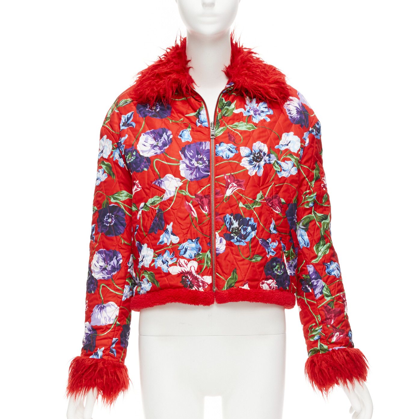 Kenzo KENZO Memento reversible red purple flower print faux fur crop jacket FR34 XS Size XS / US 0-2 / IT 36-38 - 3 Thumbnail