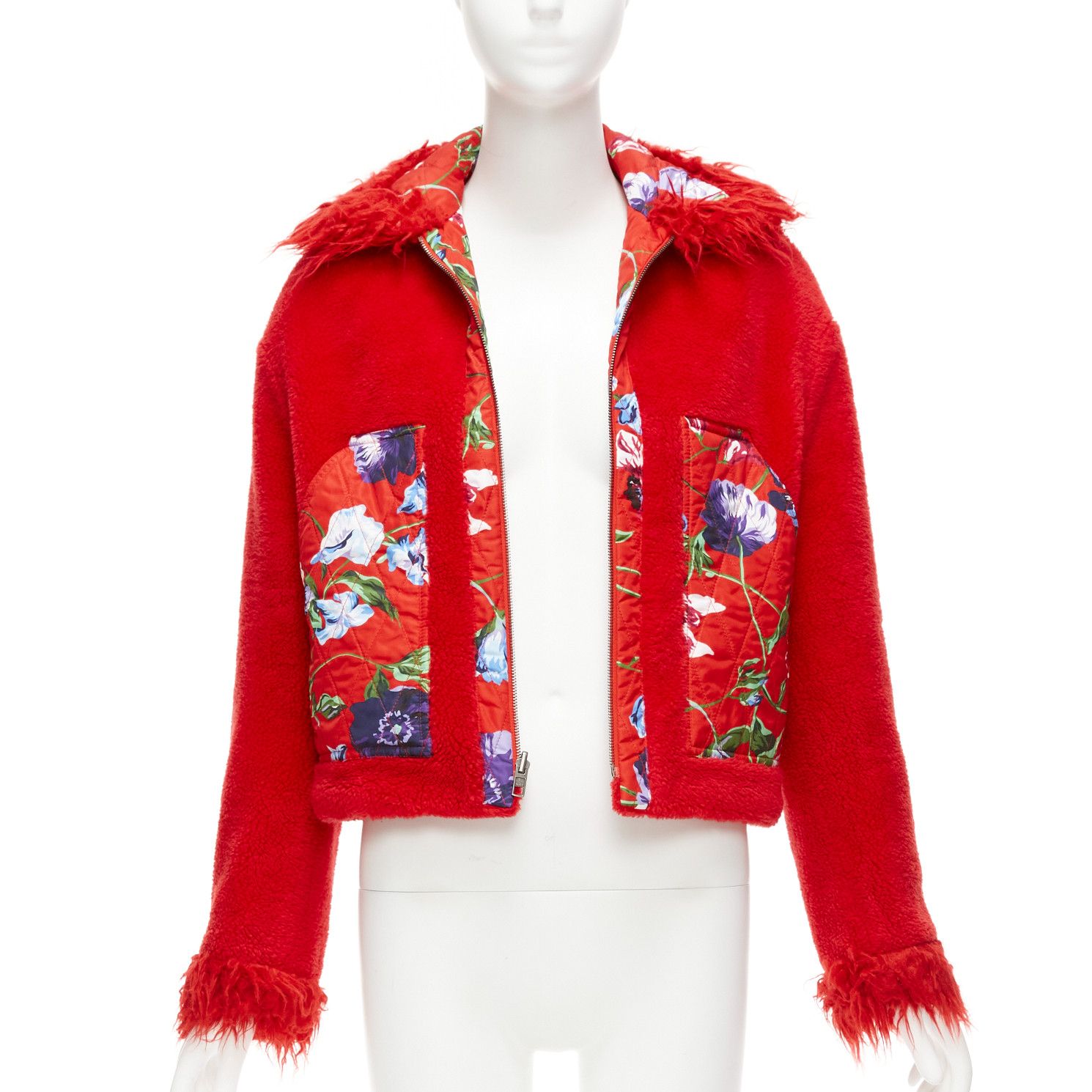 Kenzo KENZO Memento reversible red purple flower print faux fur crop jacket FR34 XS Size XS / US 0-2 / IT 36-38 - 2 Thumbnail
