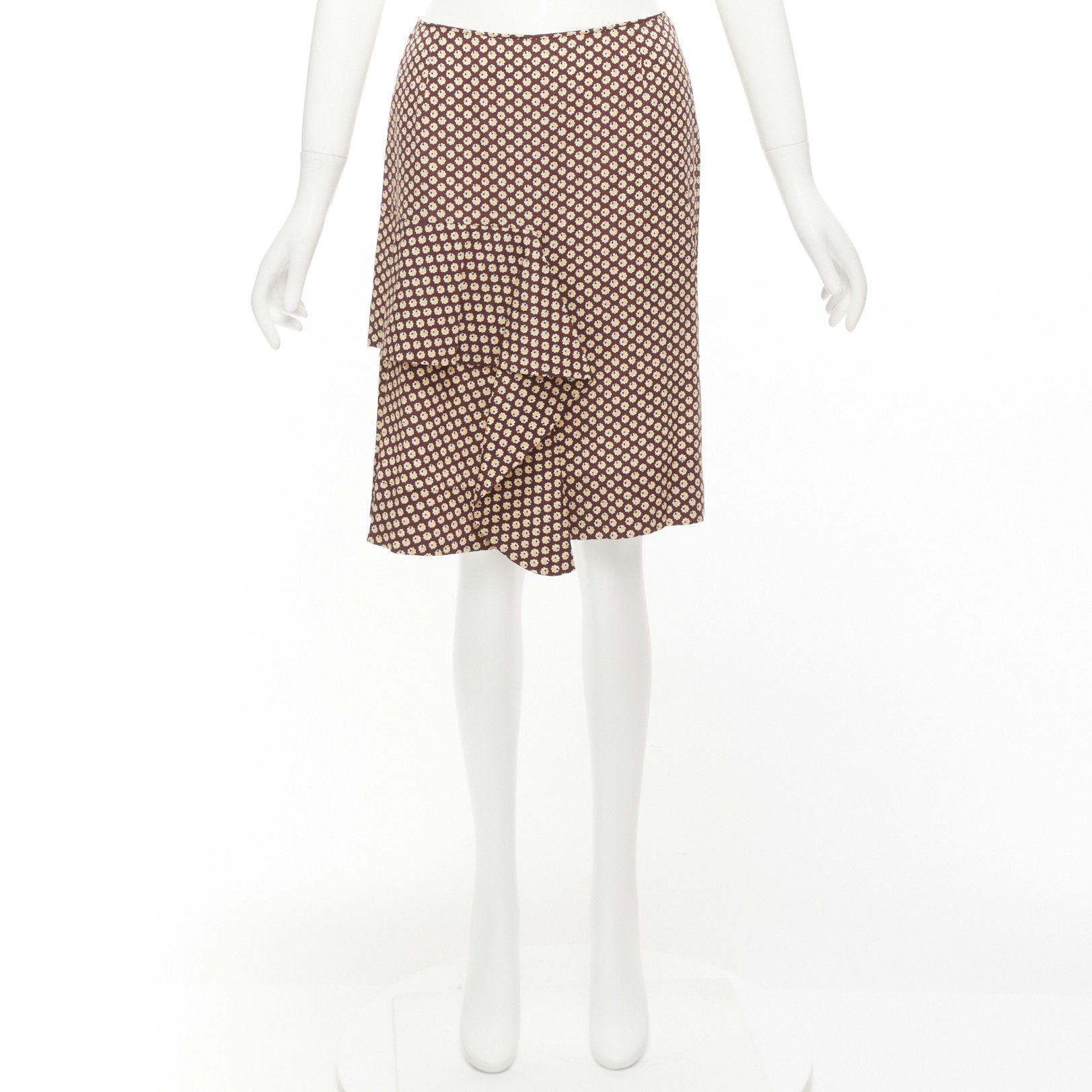 Marni MARNI brown yellow floral silk blend ruffle drape front mid skirt IT40 S Size 27" / US 4 / IT 40 - 9 Thumbnail