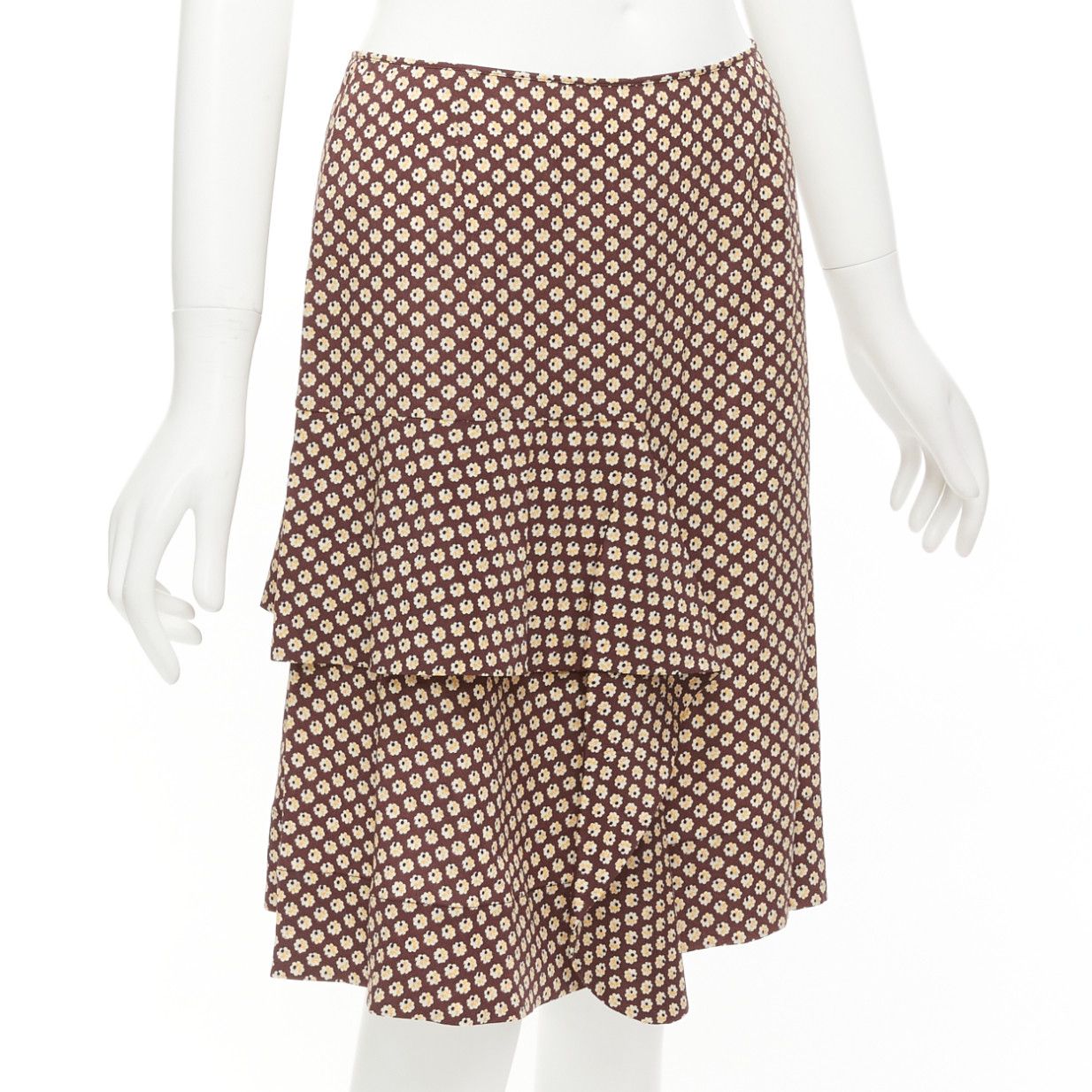 Marni MARNI brown yellow floral silk blend ruffle drape front mid skirt IT40 S Size 27" / US 4 / IT 40 - 3 Thumbnail