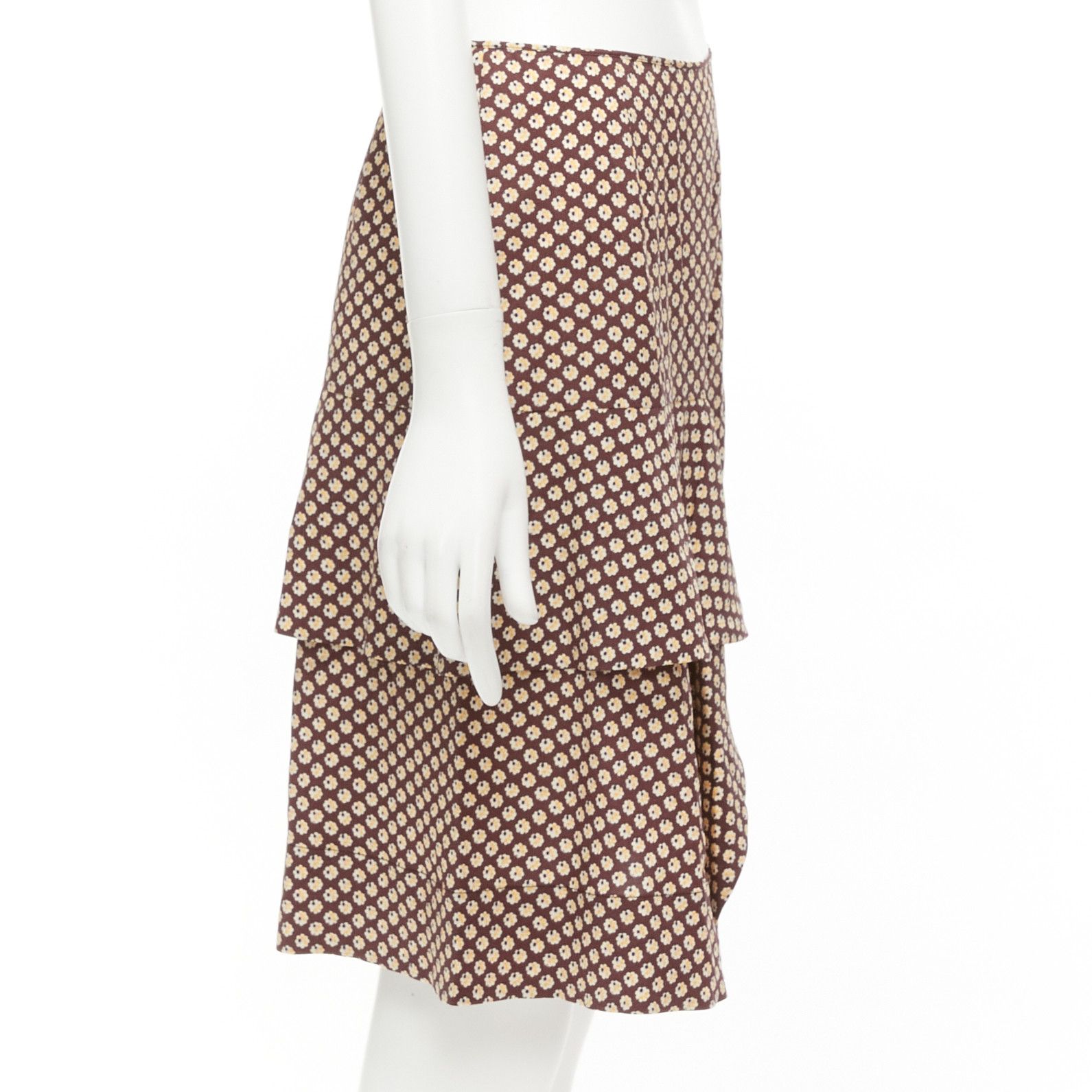 Marni MARNI brown yellow floral silk blend ruffle drape front mid skirt IT40 S Size 27" / US 4 / IT 40 - 4 Thumbnail