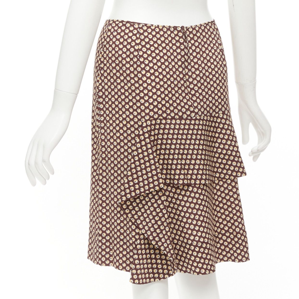 Marni MARNI brown yellow floral silk blend ruffle drape front mid skirt IT40 S Size 27" / US 4 / IT 40 - 6 Thumbnail