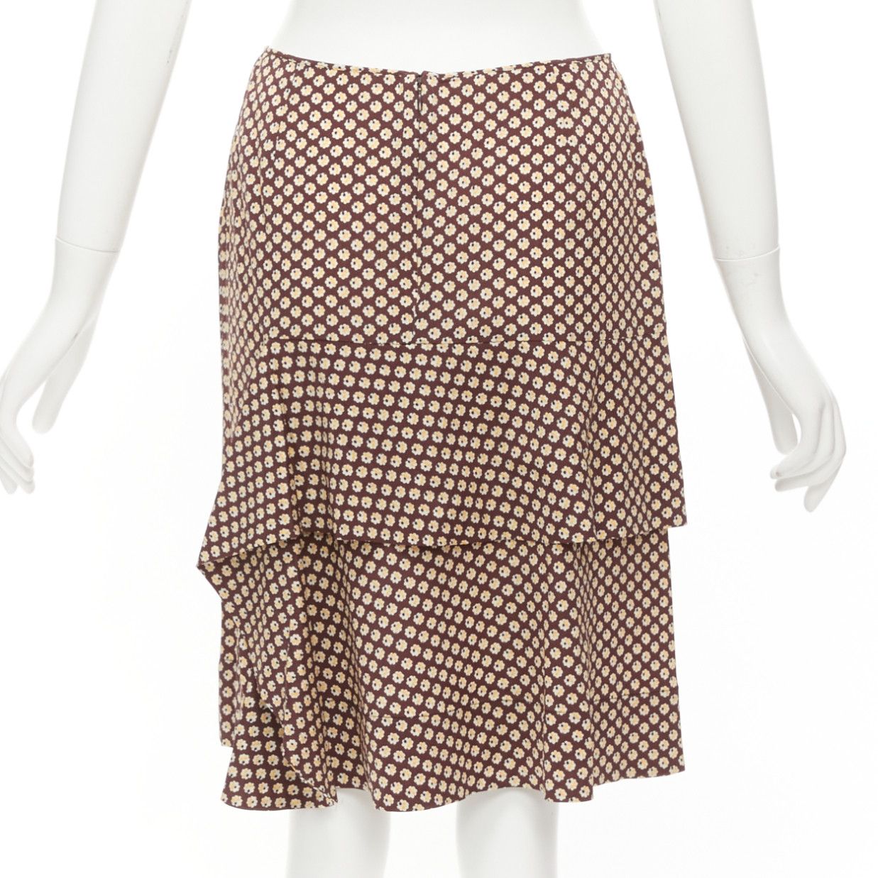 Marni MARNI brown yellow floral silk blend ruffle drape front mid skirt IT40 S Size 27" / US 4 / IT 40 - 5 Thumbnail