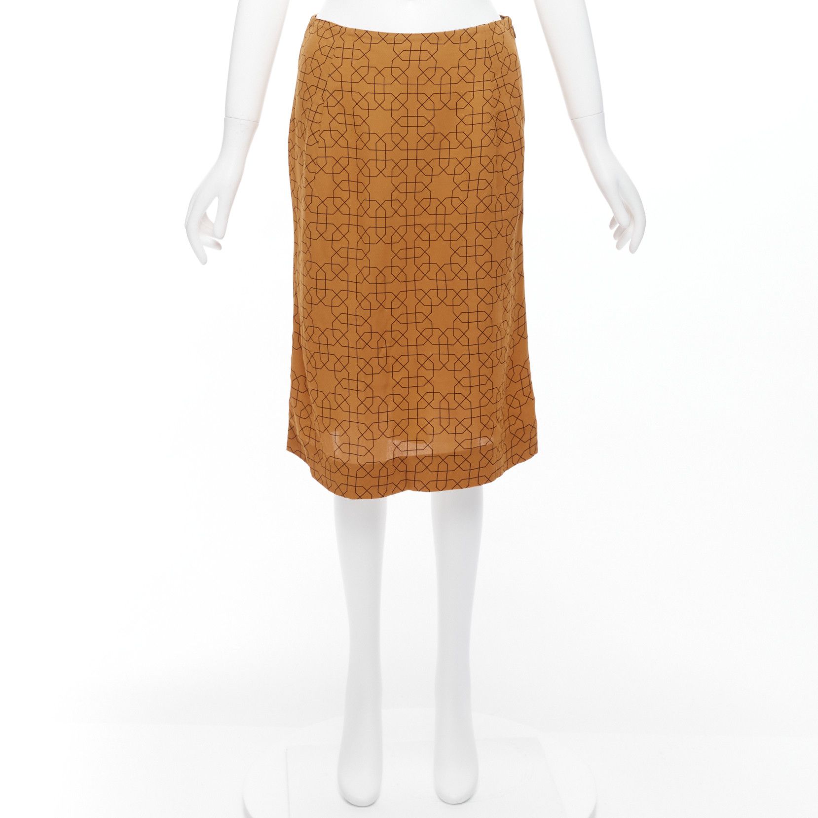 Marni MARNI brown viscose black oriental geometric print knee length skirt IT40 S Size 27" / US 4 / IT 40 - 9 Thumbnail