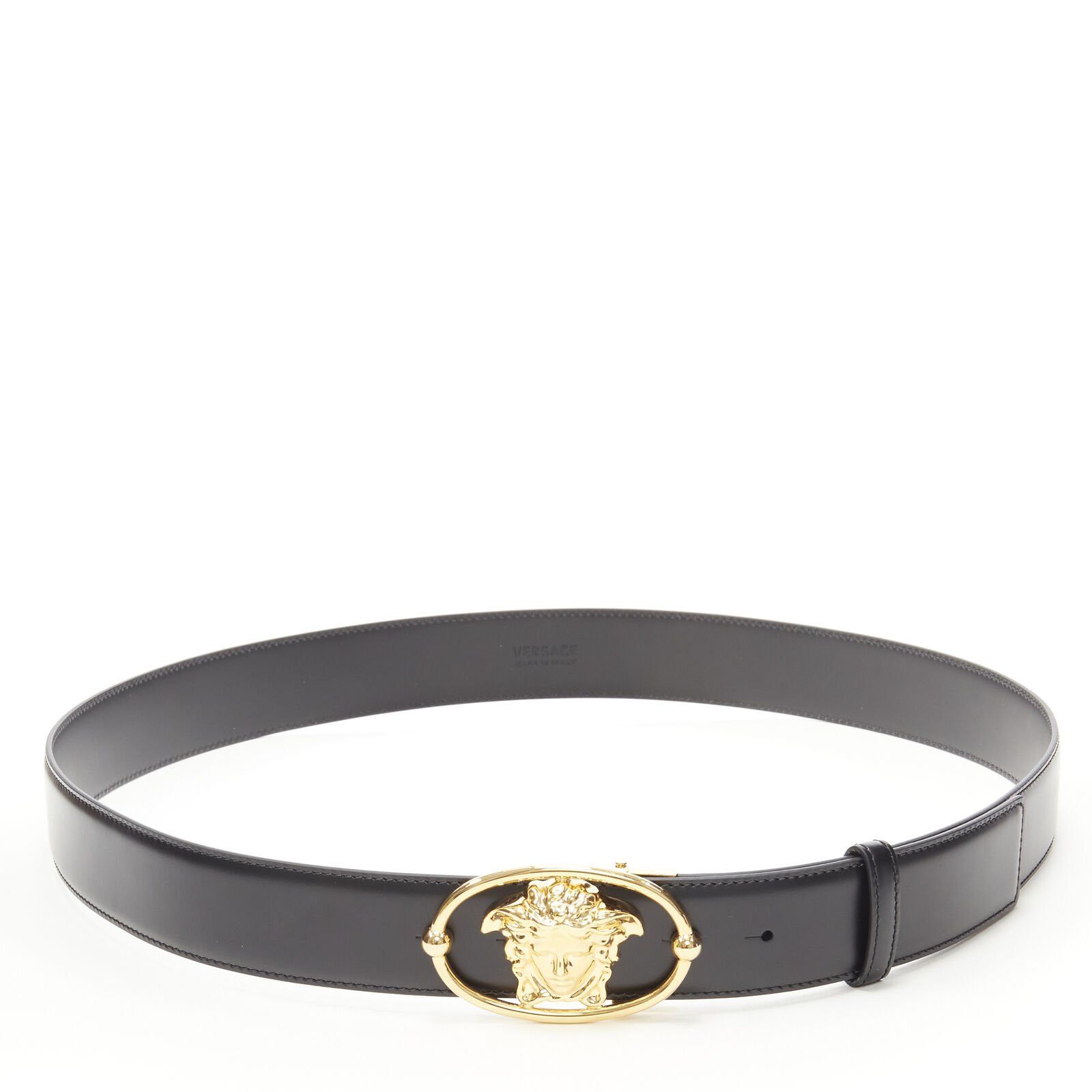 Versace VERSACE La Medusa Insignia gold oval buckle black leather belt 100cm 38-42" Size 38 - 3 Thumbnail