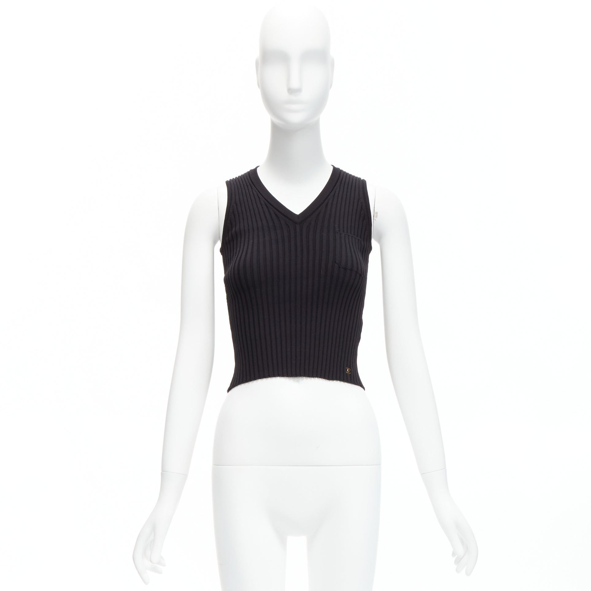 Chanel CHANEL 01A gold CC logo charm black ribbed V neck cropped vest top FR38 M Size M / US 6-8 / IT 42-44 - 10 Thumbnail