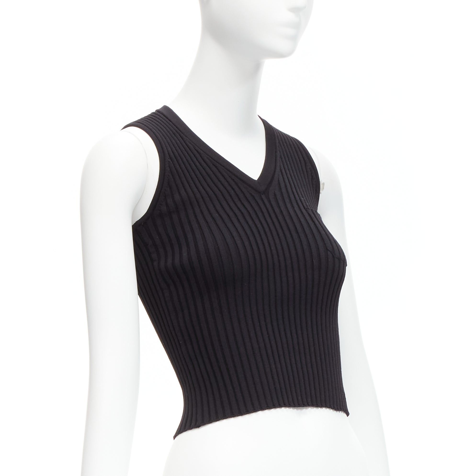 Chanel CHANEL 01A gold CC logo charm black ribbed V neck cropped vest top FR38 M Size M / US 6-8 / IT 42-44 - 3 Thumbnail