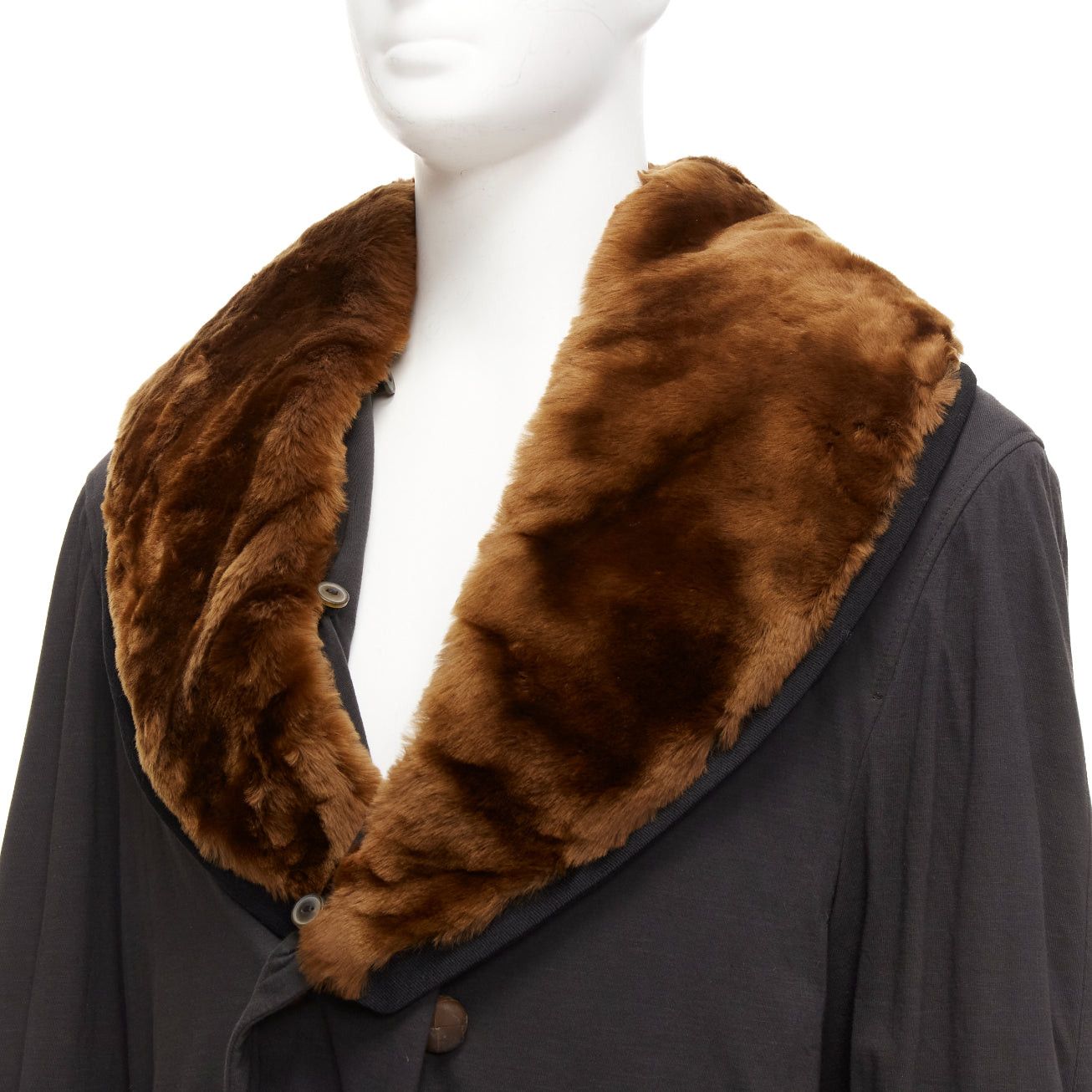 Jean Paul Gaultier rare JEAN PAUL GAULTIER HOMME brown faux fur collar black cotton belted coat L Size US L / EU 52-54 / 3 - 8 Thumbnail
