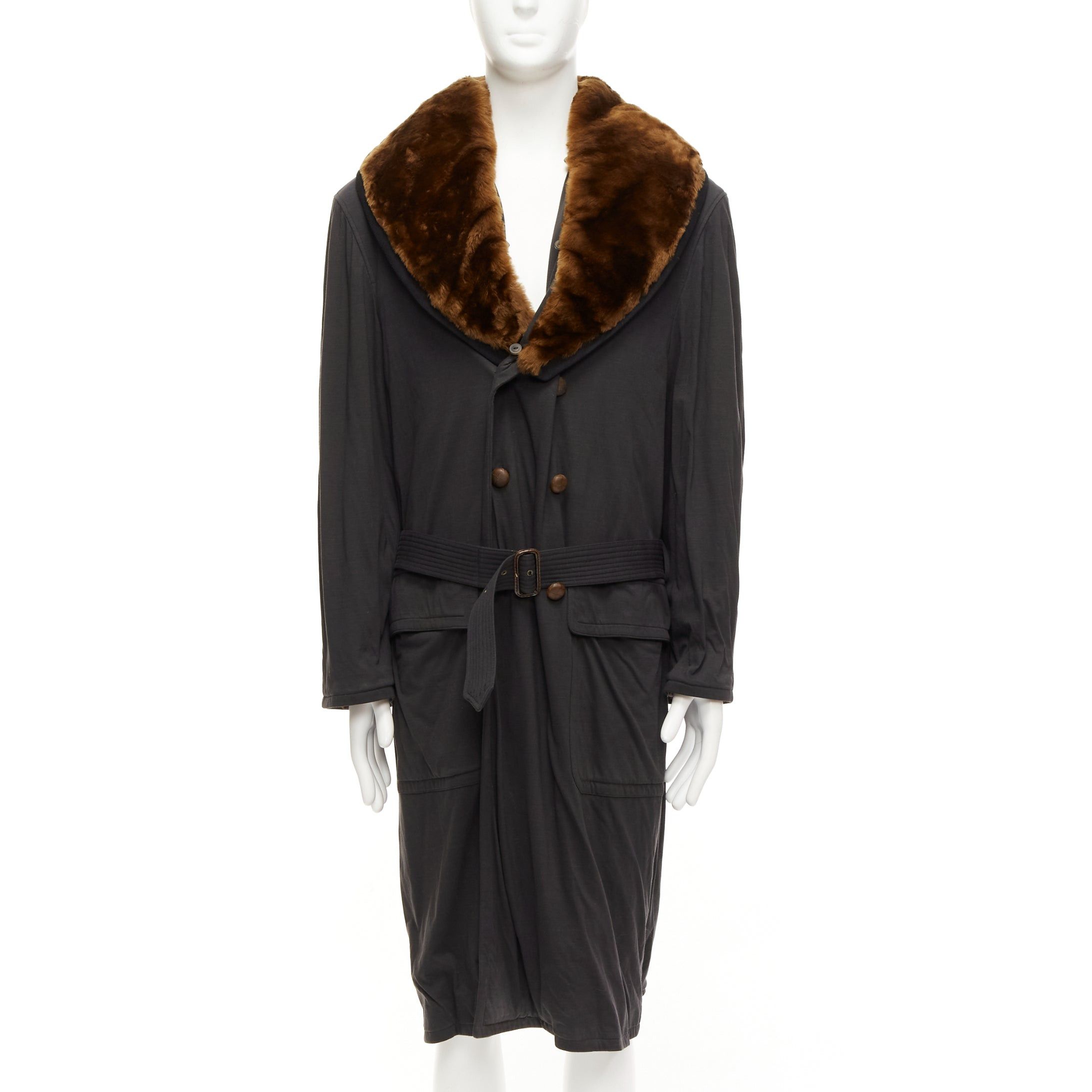 Jean Paul Gaultier rare JEAN PAUL GAULTIER HOMME brown faux fur collar black cotton belted coat L Size US L / EU 52-54 / 3 - 3 Thumbnail