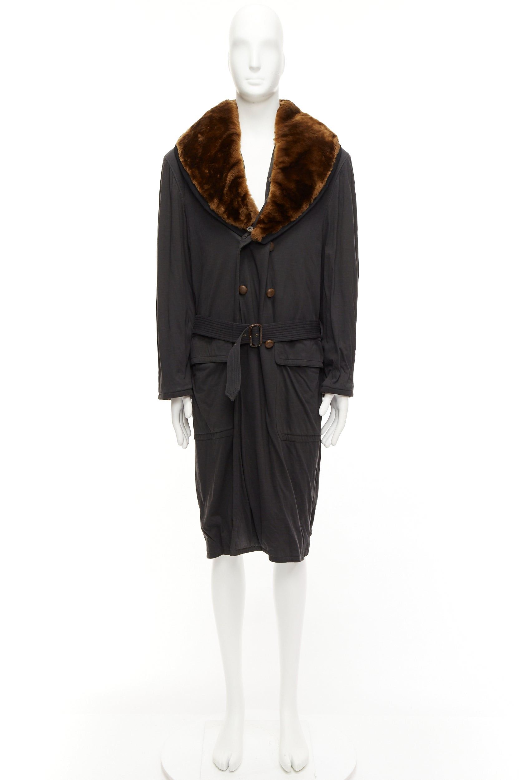 Jean Paul Gaultier rare JEAN PAUL GAULTIER HOMME brown faux fur collar black cotton belted coat L Size US L / EU 52-54 / 3 - 10 Thumbnail