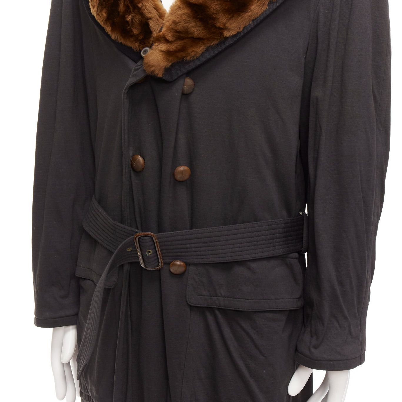 Jean Paul Gaultier rare JEAN PAUL GAULTIER HOMME brown faux fur collar black cotton belted coat L Size US L / EU 52-54 / 3 - 2 Thumbnail