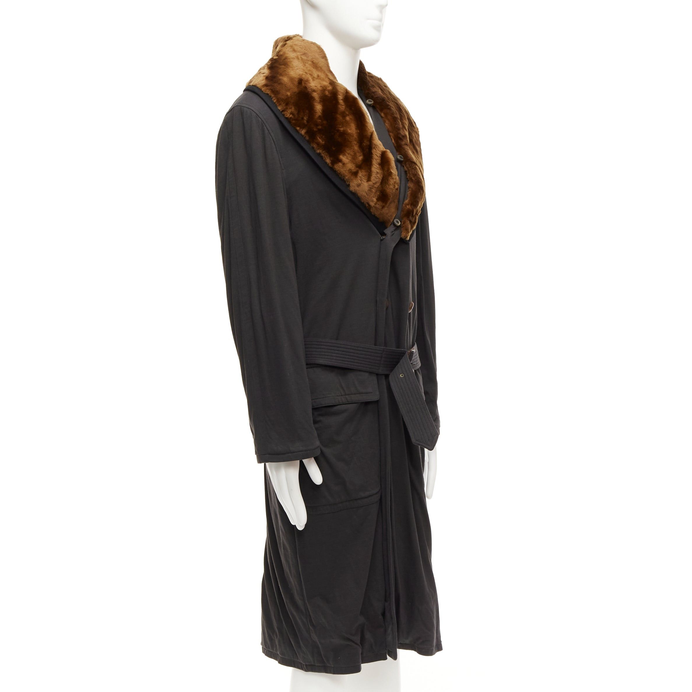 Jean Paul Gaultier rare JEAN PAUL GAULTIER HOMME brown faux fur collar black cotton belted coat L Size US L / EU 52-54 / 3 - 4 Thumbnail