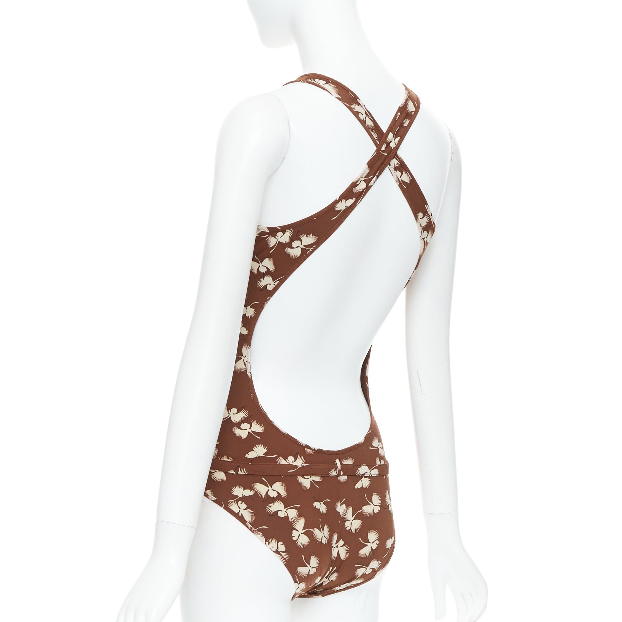 Gucci GUCCI Vintage brown cream floral print belted one piece swimsuit Size 26" / US 2 / IT 38 - 5 Thumbnail
