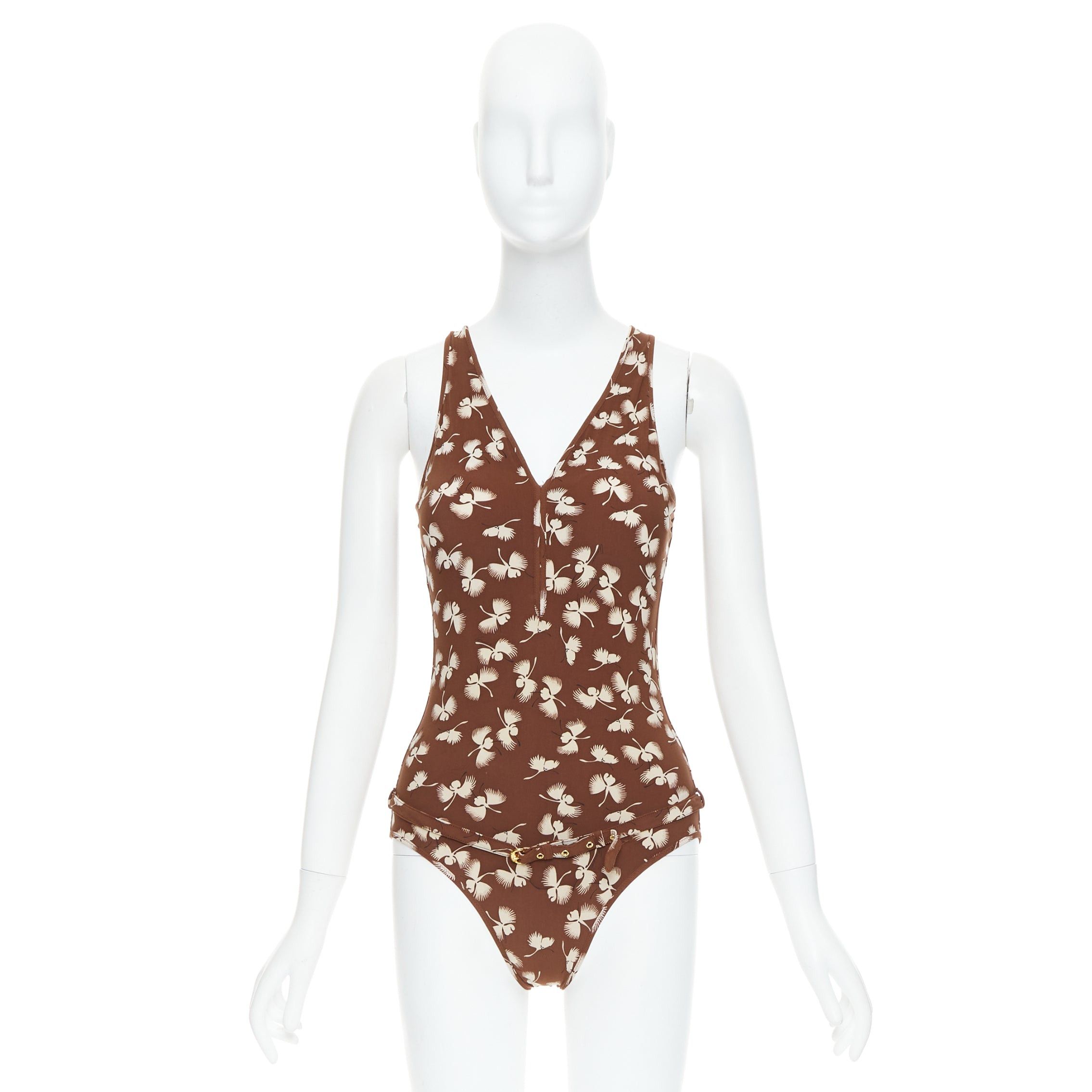Gucci GUCCI Vintage brown cream floral print belted one piece swimsuit Size 26" / US 2 / IT 38 - 8 Thumbnail