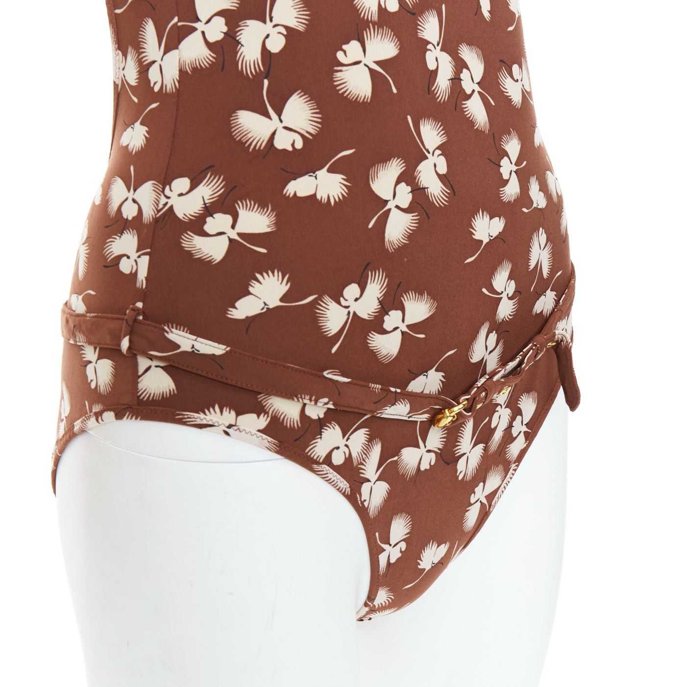 Gucci GUCCI Vintage brown cream floral print belted one piece swimsuit Size 26" / US 2 / IT 38 - 7 Thumbnail