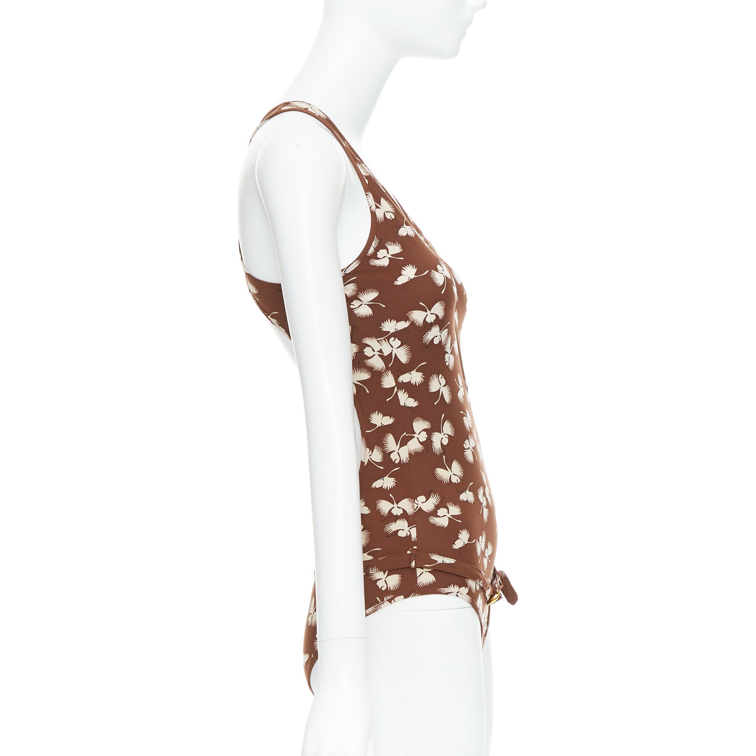 Gucci GUCCI Vintage brown cream floral print belted one piece swimsuit Size 26" / US 2 / IT 38 - 3 Thumbnail