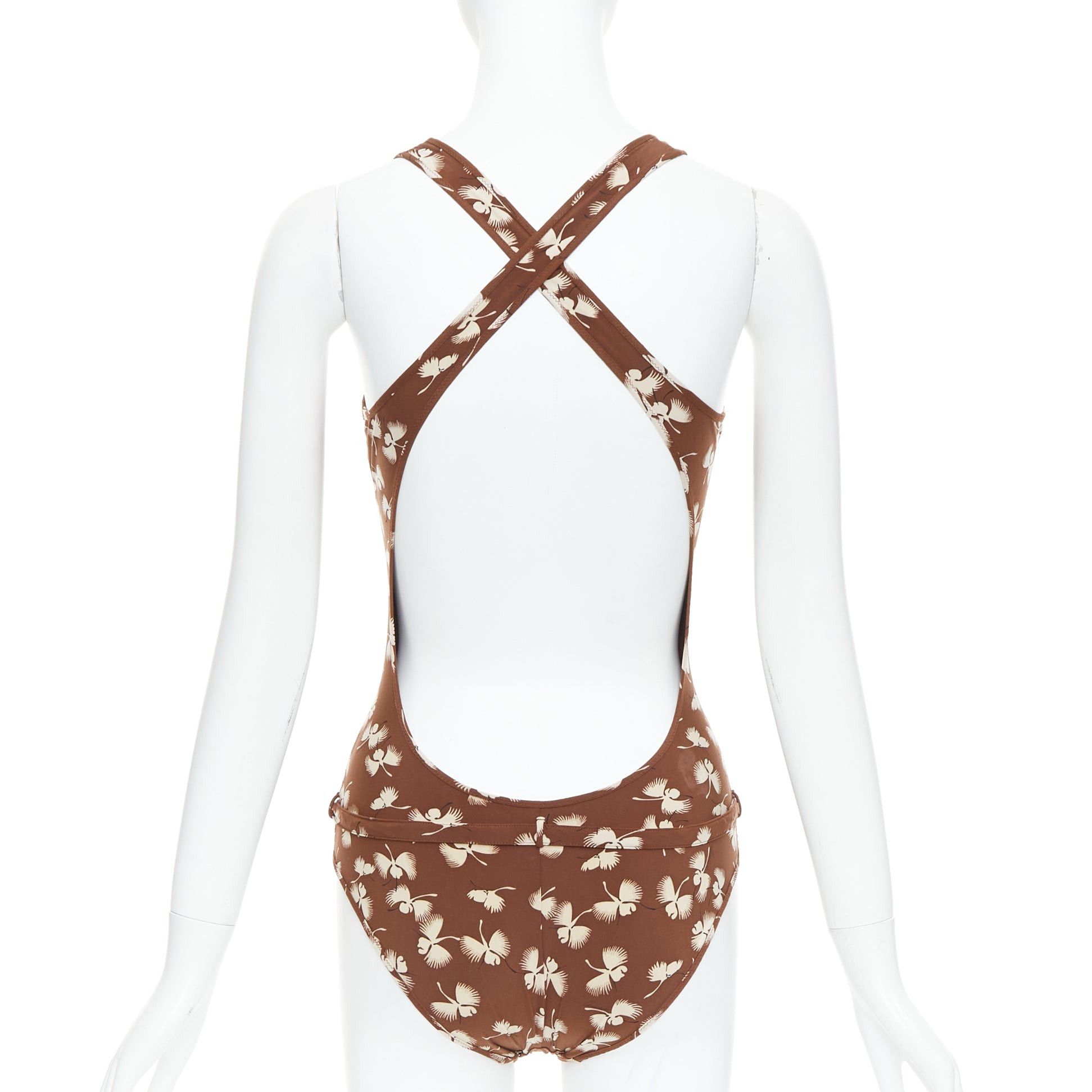 Gucci GUCCI Vintage brown cream floral print belted one piece swimsuit Size 26" / US 2 / IT 38 - 2 Thumbnail