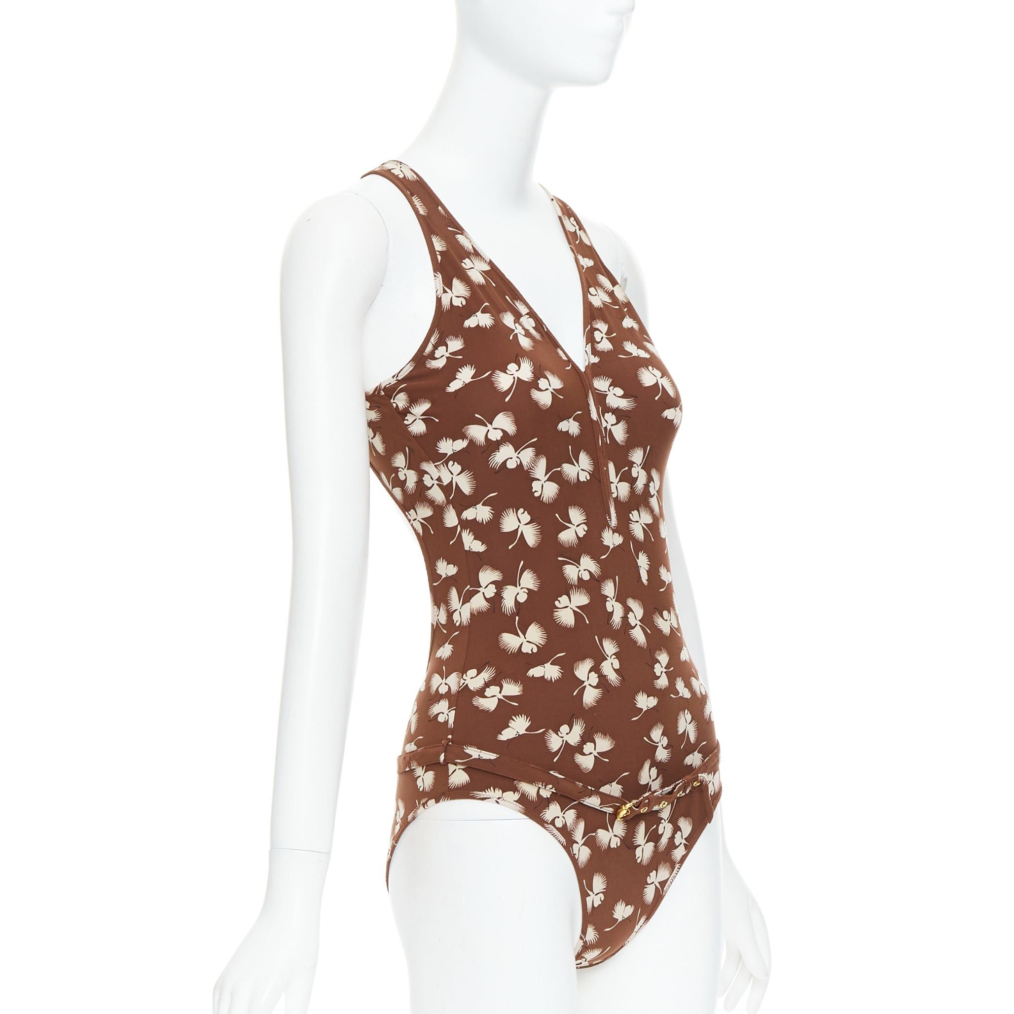 Gucci GUCCI Vintage brown cream floral print belted one piece swimsuit Size 26" / US 2 / IT 38 - 4 Thumbnail