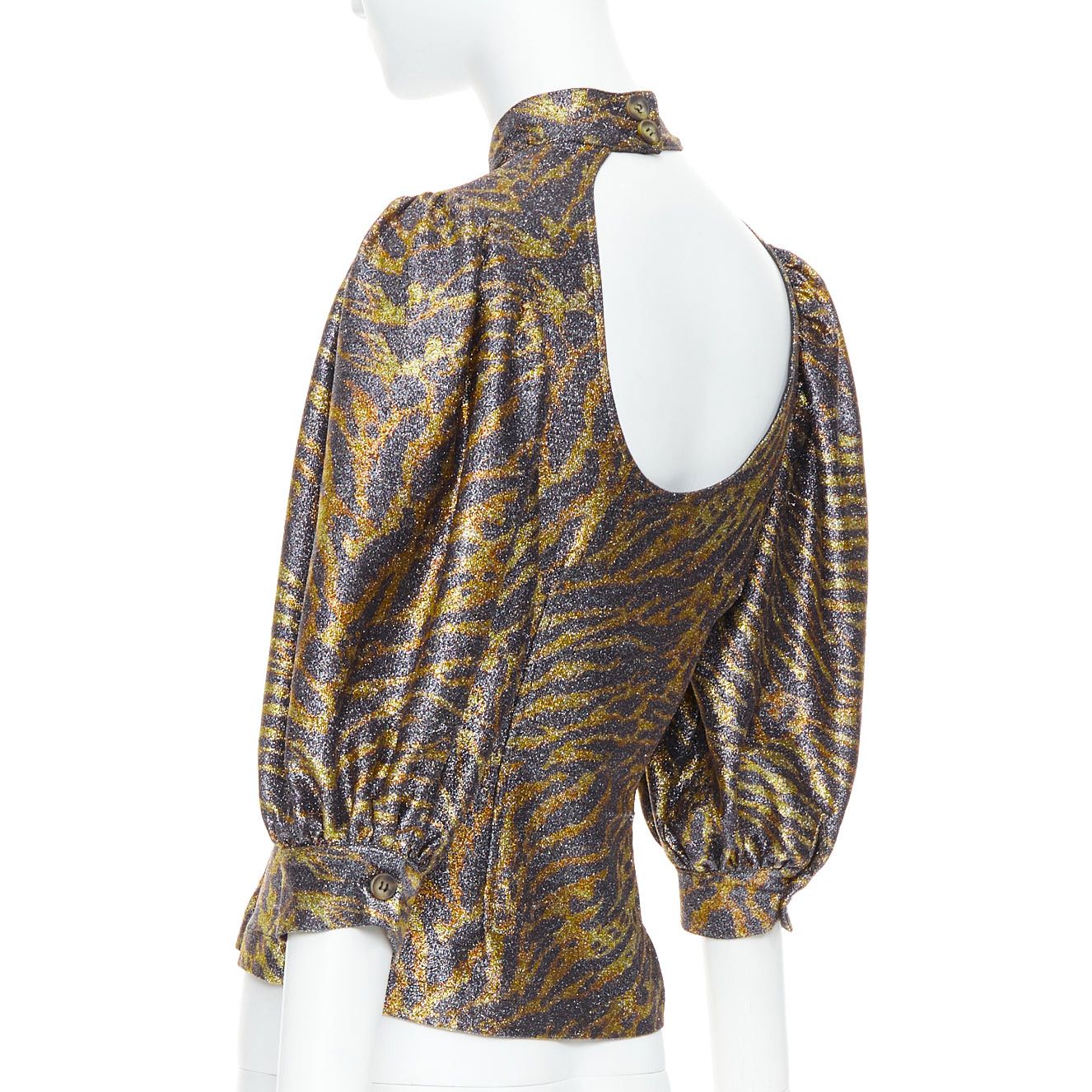 Ganni GANNI gold metallic tiger lurex lame puff sleeve cut out top FR36 S Size S / US 4 / IT 40 - 6 Thumbnail