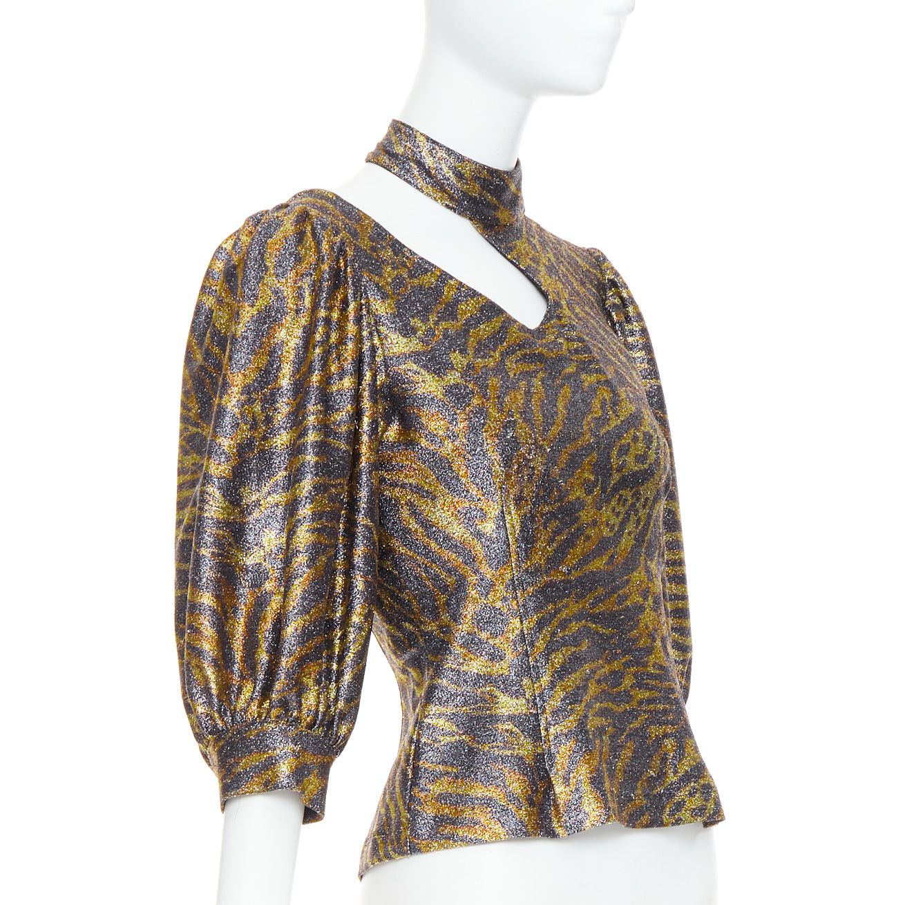 Ganni GANNI gold metallic tiger lurex lame puff sleeve cut out top FR36 S Size S / US 4 / IT 40 - 3 Thumbnail
