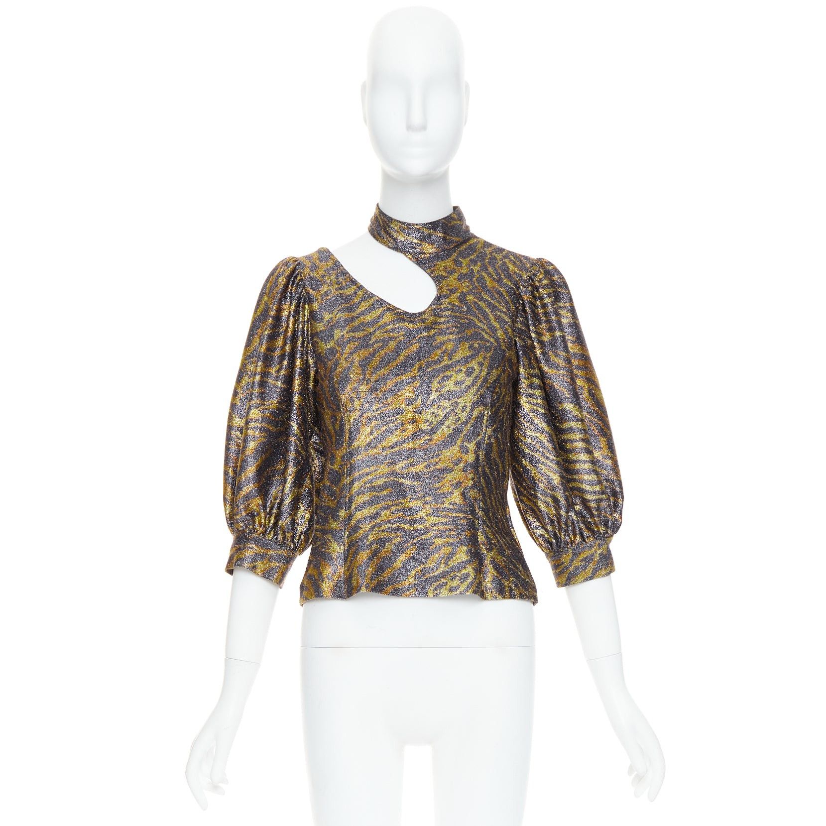 Ganni GANNI gold metallic tiger lurex lame puff sleeve cut out top FR36 S Size S / US 4 / IT 40 - 9 Thumbnail
