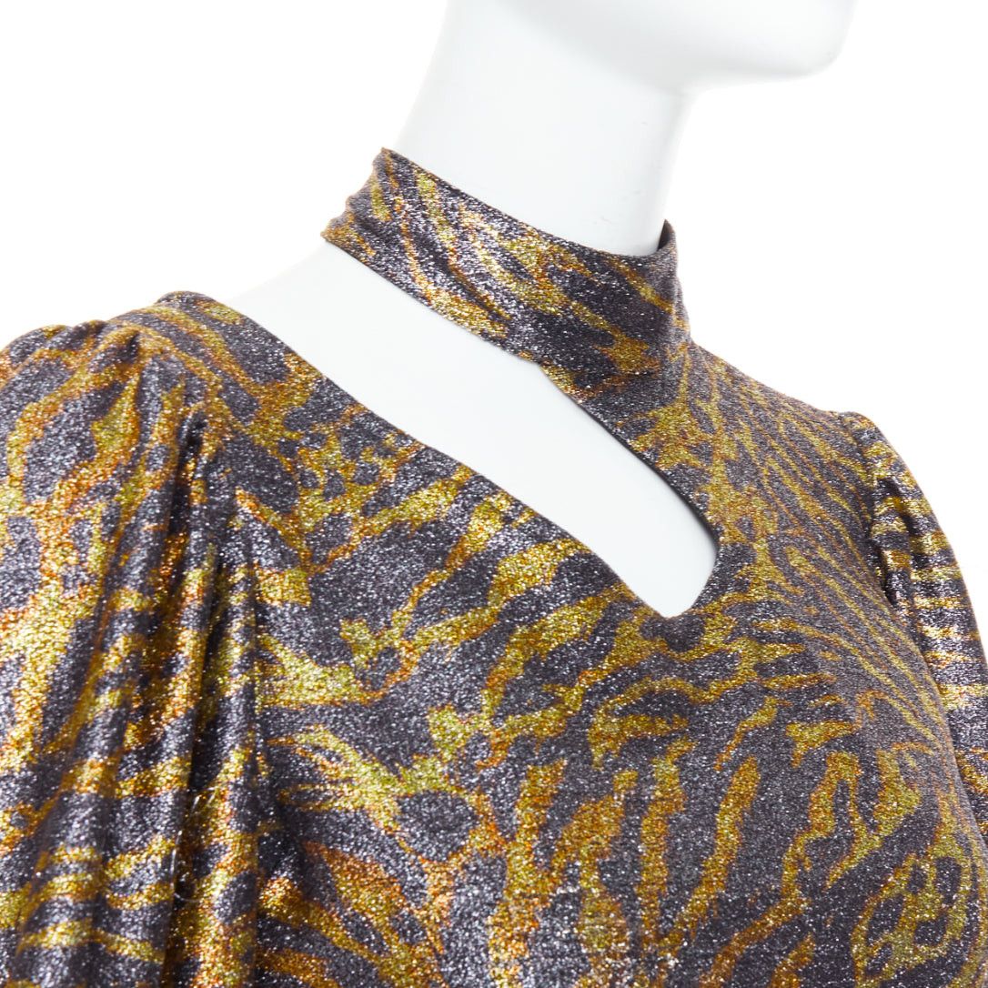 Ganni GANNI gold metallic tiger lurex lame puff sleeve cut out top FR36 S Size S / US 4 / IT 40 - 7 Thumbnail