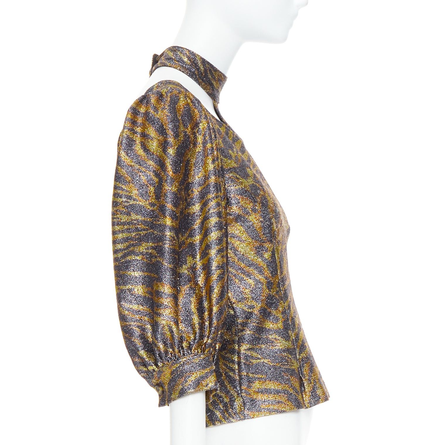 Ganni GANNI gold metallic tiger lurex lame puff sleeve cut out top FR36 S Size S / US 4 / IT 40 - 4 Thumbnail
