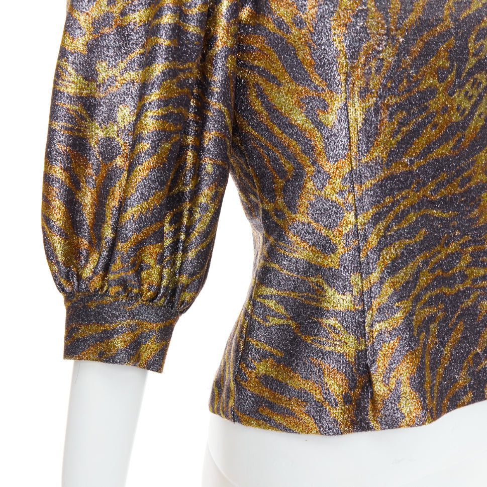 Ganni GANNI gold metallic tiger lurex lame puff sleeve cut out top FR36 S Size S / US 4 / IT 40 - 2 Thumbnail