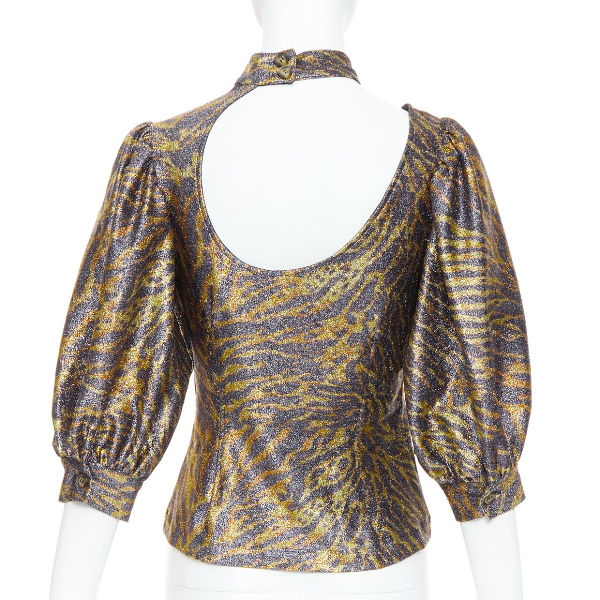 Ganni GANNI gold metallic tiger lurex lame puff sleeve cut out top FR36 S Size S / US 4 / IT 40 - 5 Thumbnail