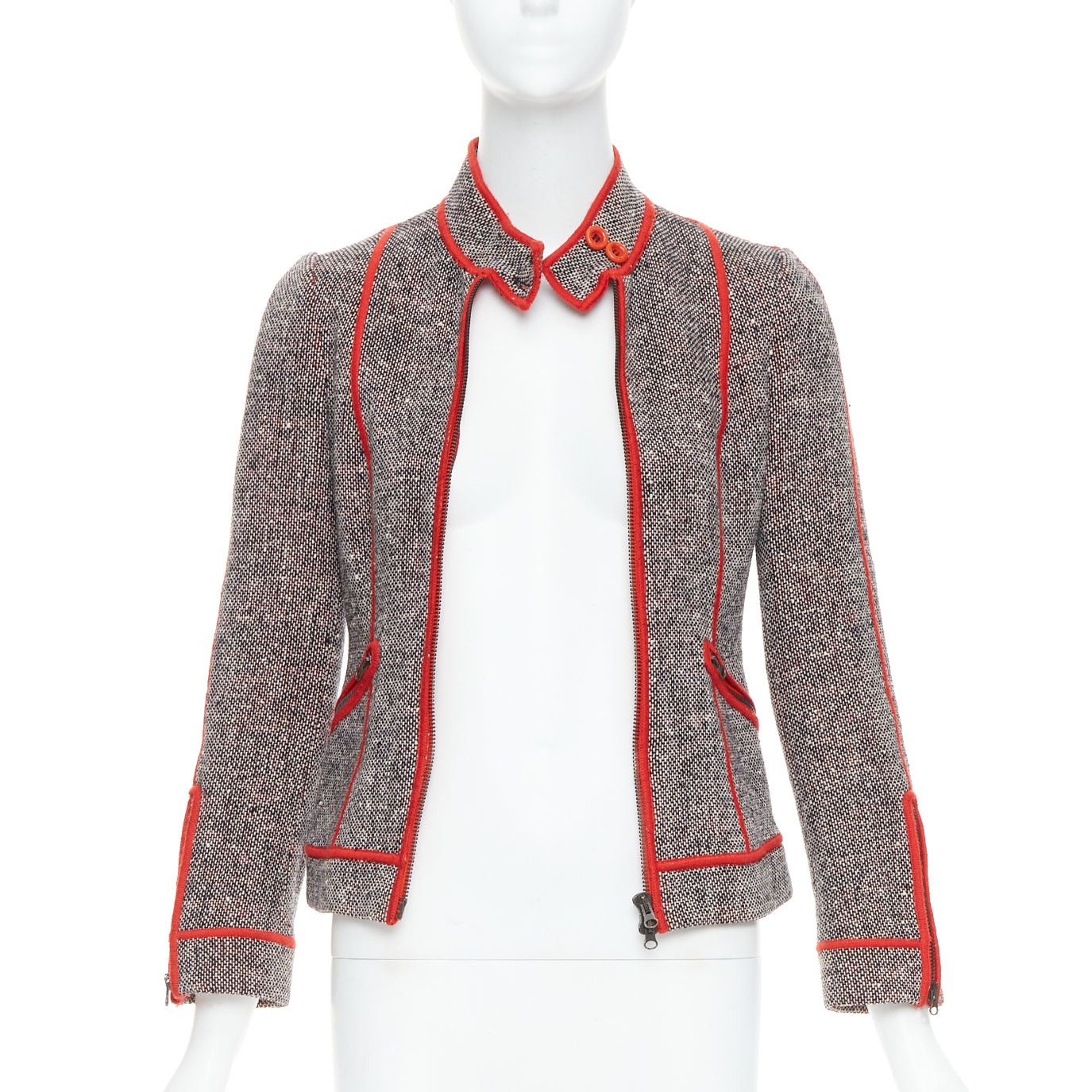 Moschino MOSCHINO CHEAP CHIC Vintage grey wool tweed red piping moto jacket IT38 XS Size XS / US 0-2 / IT 36-38 - 3 Thumbnail