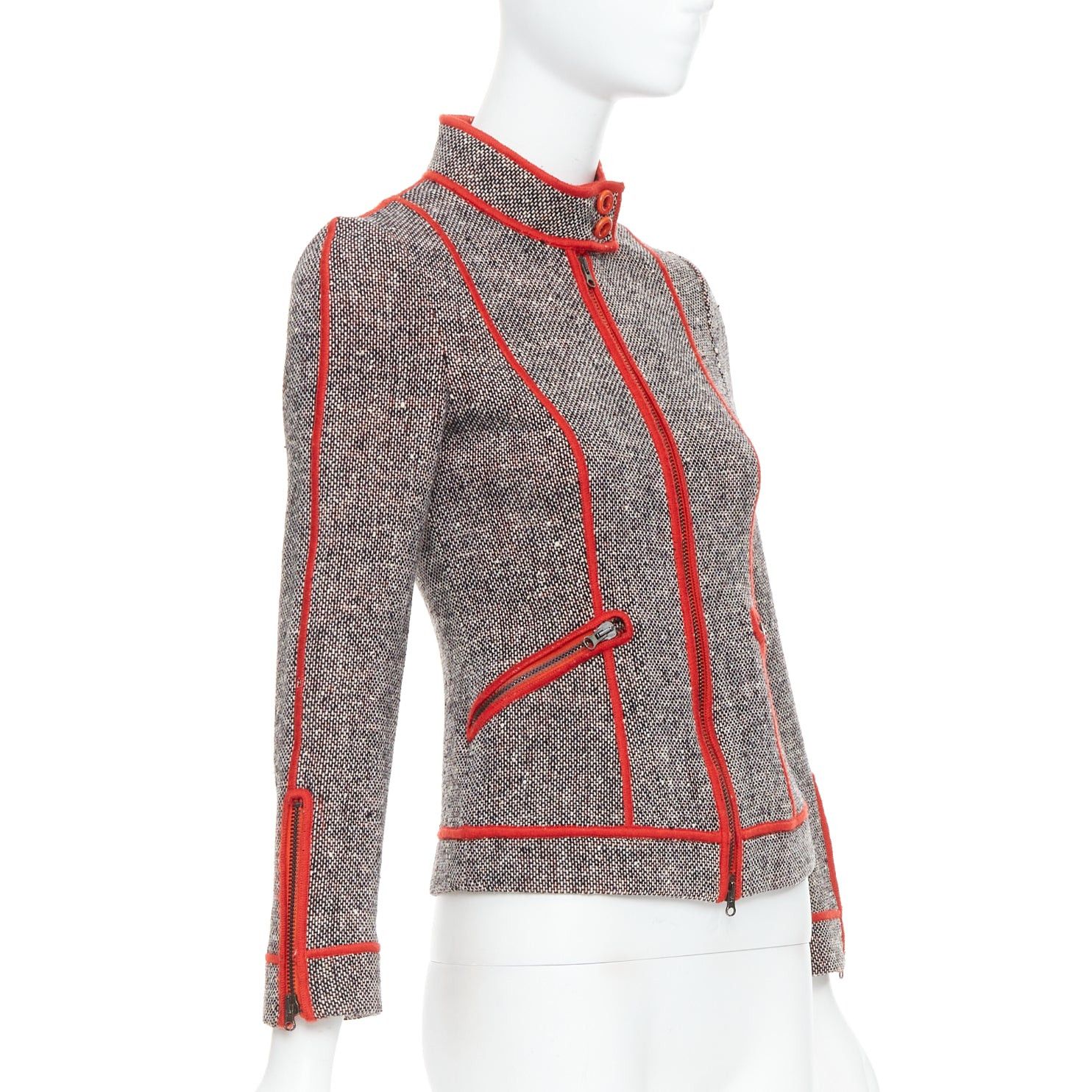 Moschino MOSCHINO CHEAP CHIC Vintage grey wool tweed red piping moto jacket IT38 XS Size XS / US 0-2 / IT 36-38 - 4 Thumbnail