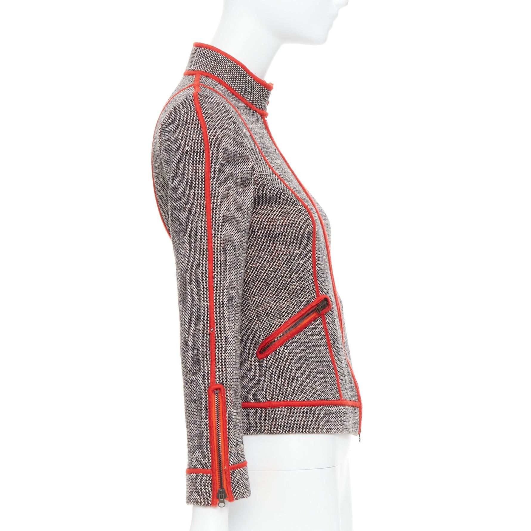 Moschino MOSCHINO CHEAP CHIC Vintage grey wool tweed red piping moto jacket IT38 XS Size XS / US 0-2 / IT 36-38 - 5 Thumbnail