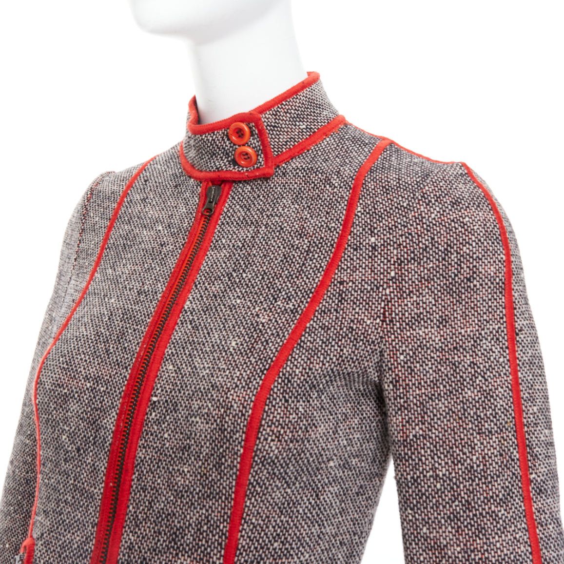 Moschino MOSCHINO CHEAP CHIC Vintage grey wool tweed red piping moto jacket IT38 XS Size XS / US 0-2 / IT 36-38 - 2 Thumbnail