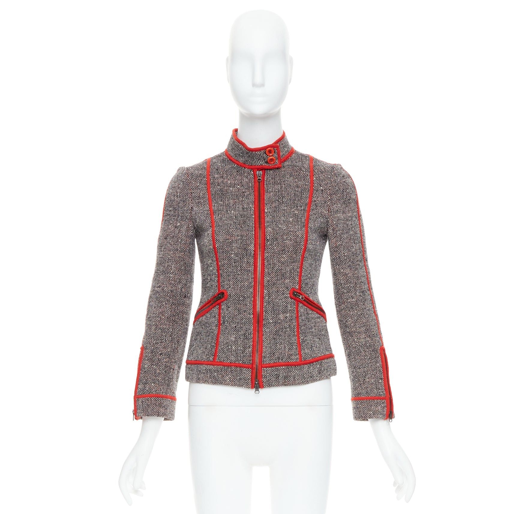 Moschino MOSCHINO CHEAP CHIC Vintage grey wool tweed red piping moto jacket IT38 XS Size XS / US 0-2 / IT 36-38 - 10 Thumbnail