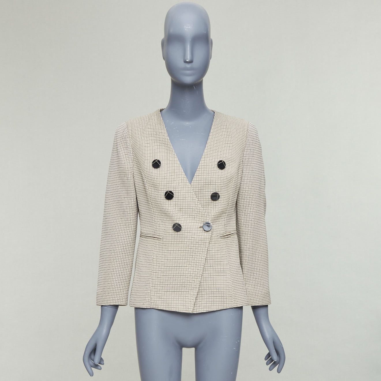 Emporio Armani EMPORIO ARMANI beige grid overstitch quilted double breasted blazer IT44 L Size M / US 6-8 / IT 42-44 - 10 Thumbnail