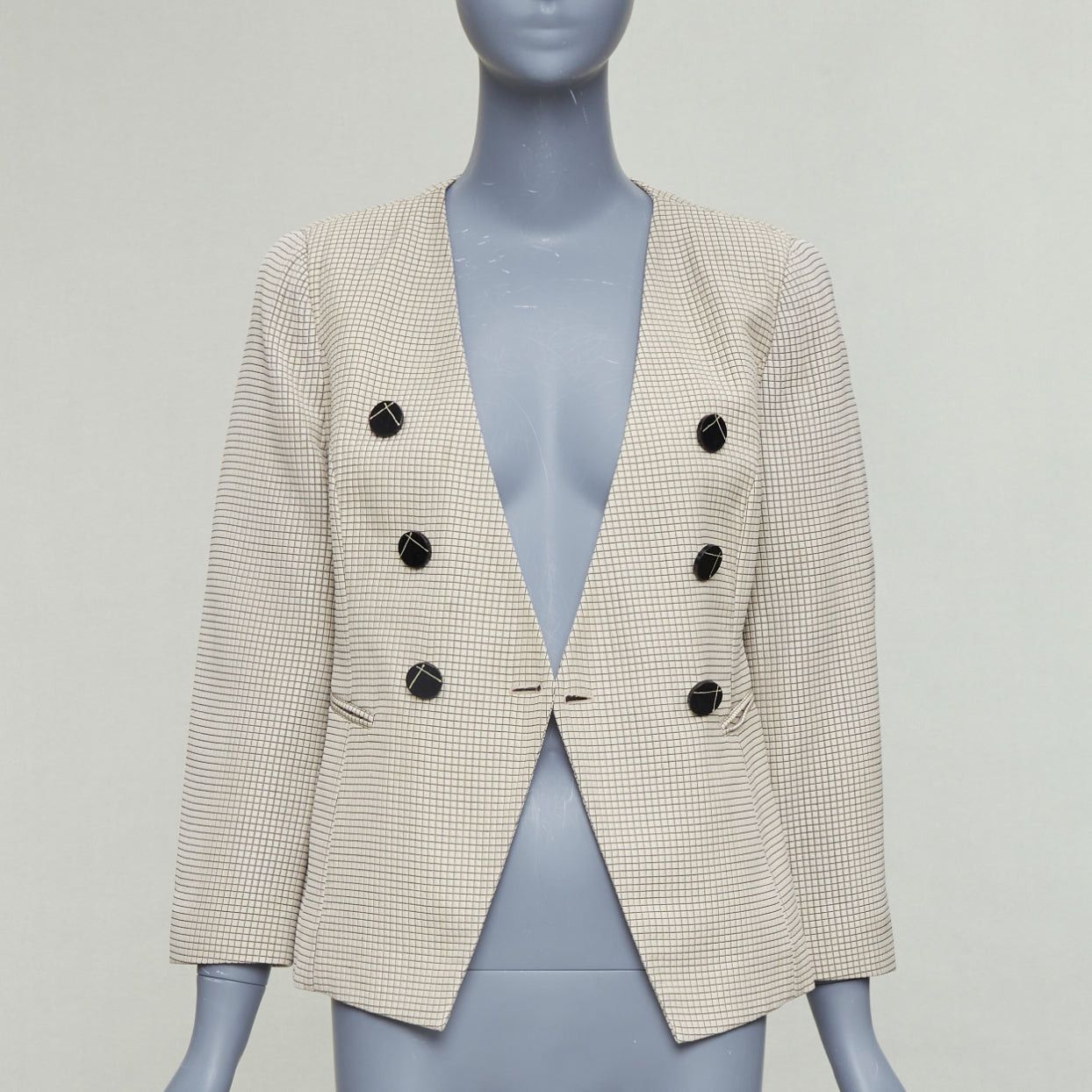 Emporio Armani EMPORIO ARMANI beige grid overstitch quilted double breasted blazer IT44 L Size M / US 6-8 / IT 42-44 - 3 Thumbnail