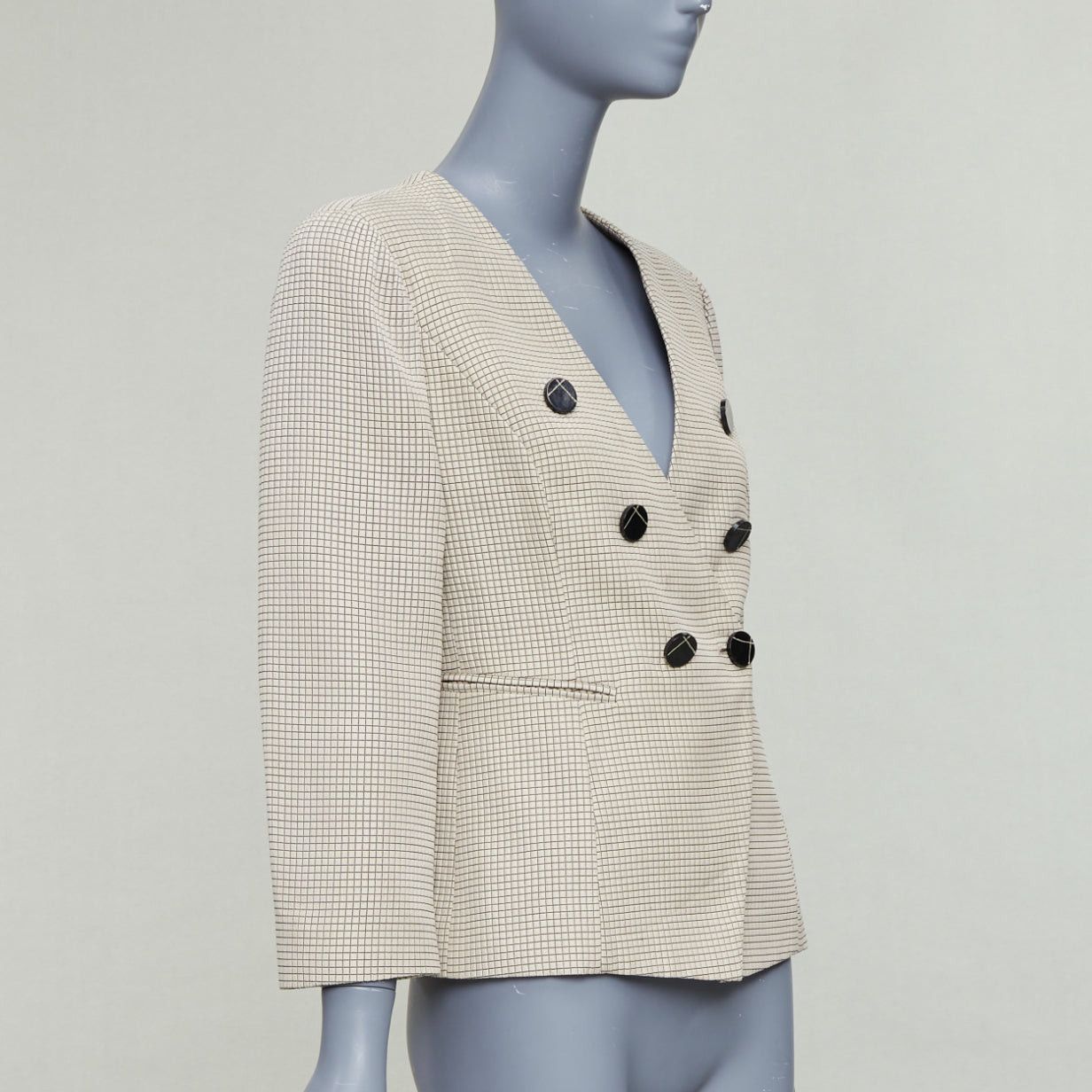 Emporio Armani EMPORIO ARMANI beige grid overstitch quilted double breasted blazer IT44 L Size M / US 6-8 / IT 42-44 - 4 Thumbnail