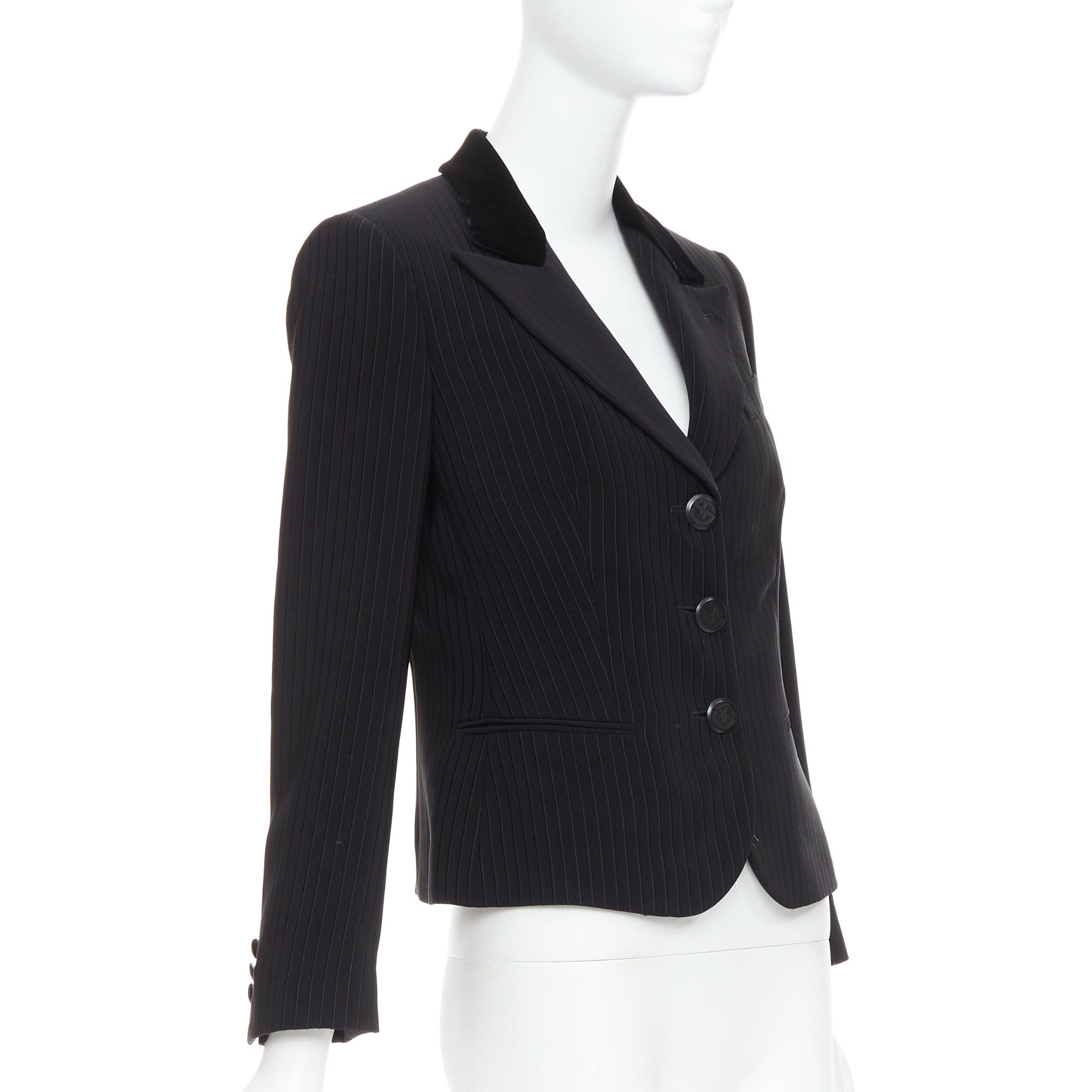 Giorgio Armani GIORGIO ARMANI black pinstripe velvet trim cropped tuxedo blazer IT40 S Size S / US 4 / IT 40 - 4 Thumbnail