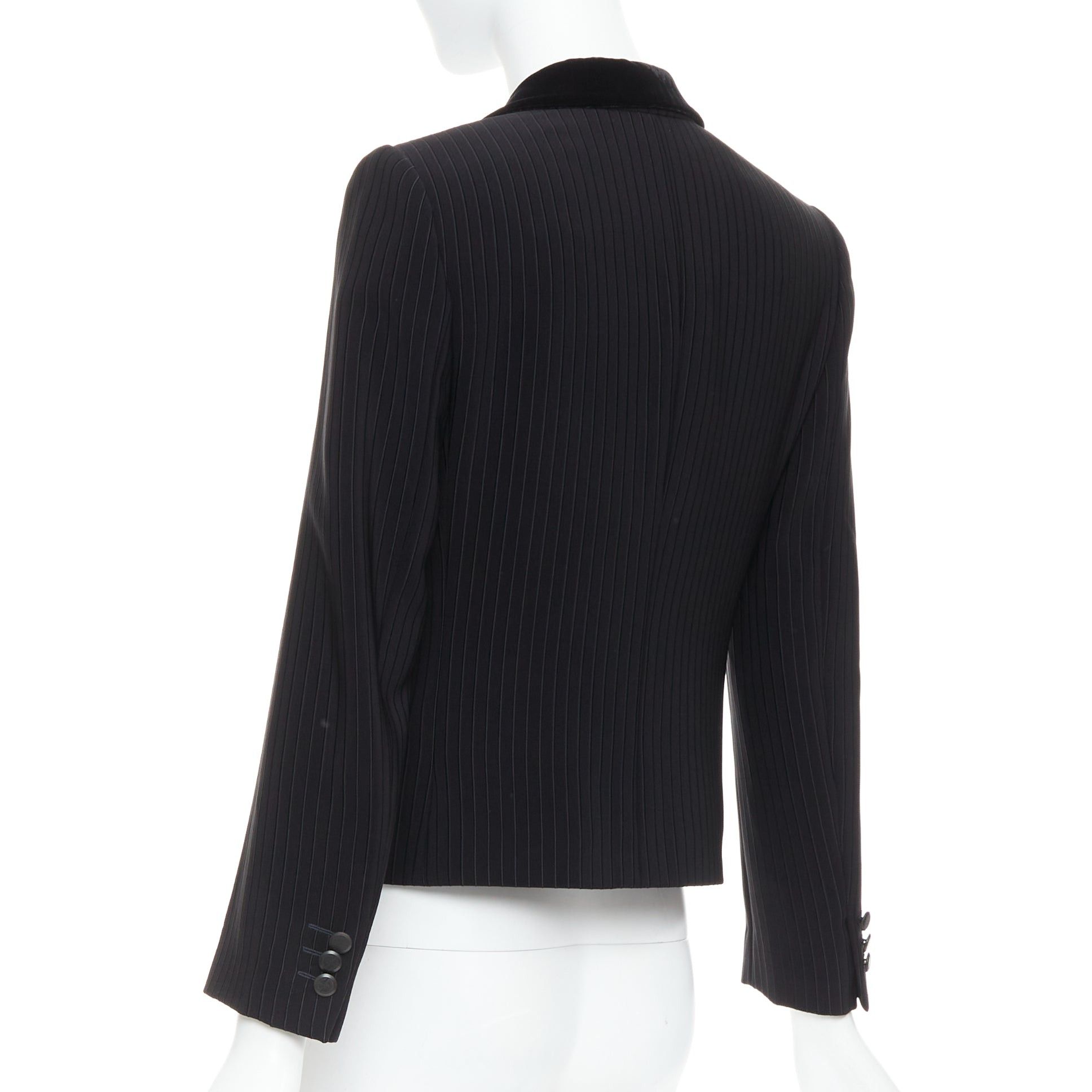 Giorgio Armani GIORGIO ARMANI black pinstripe velvet trim cropped tuxedo blazer IT40 S Size S / US 4 / IT 40 - 7 Thumbnail